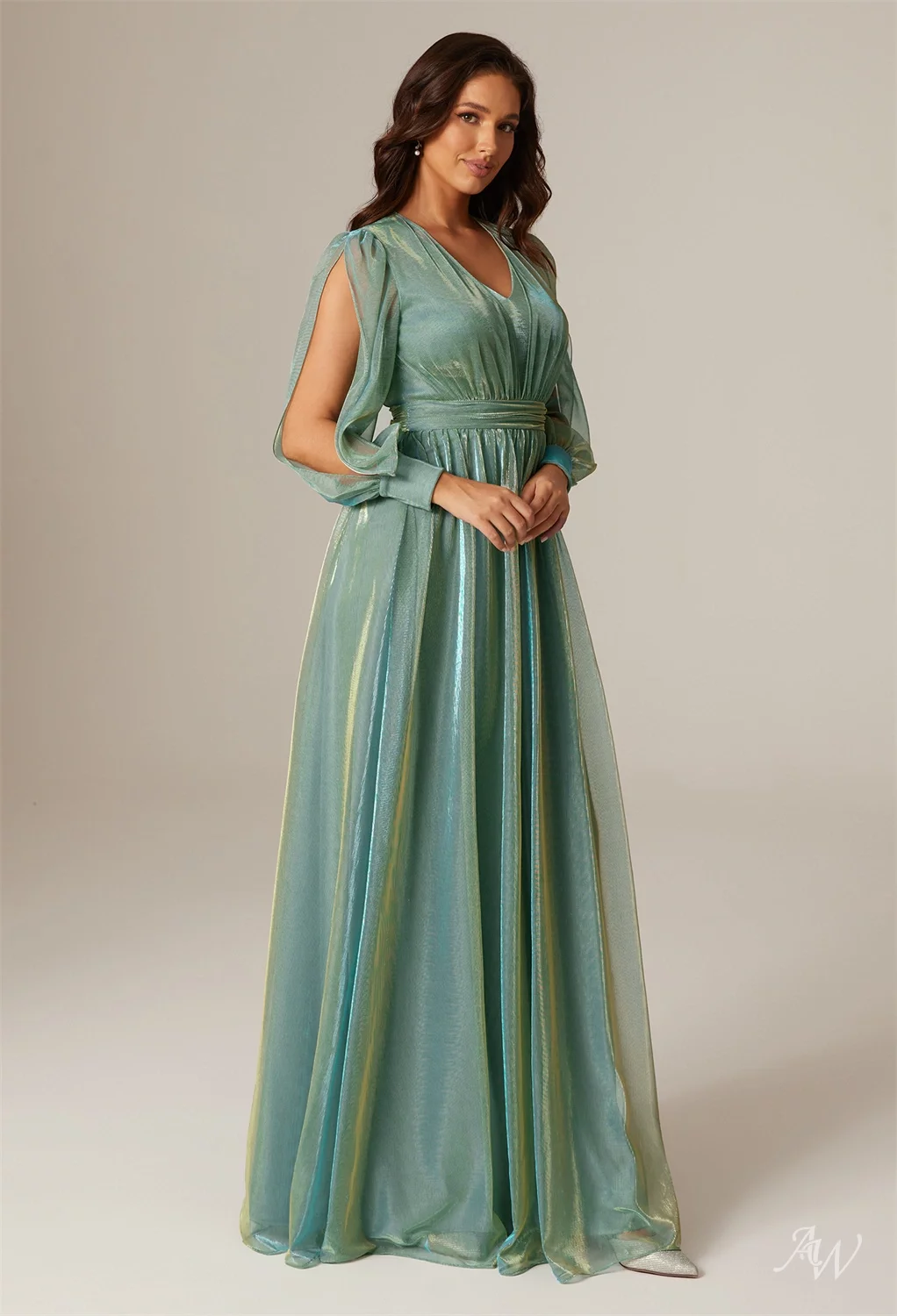 AW Laurel Dress (ready to ship), Shimmer Pleated Mesh Floor Length V-Neck Ready To Ship