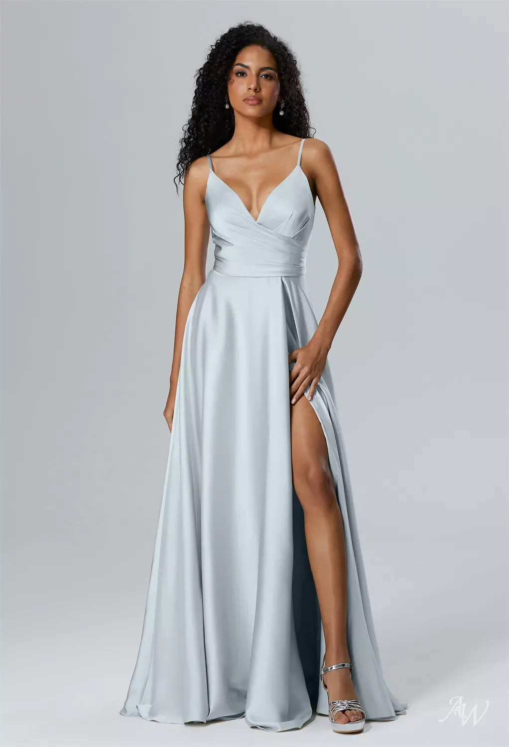 AW.Bridal Bridesmaid Dresses Chiffon A-line V-Neck Floor Length Sleeveless Spaghetti Straps Ruching Split Dress Steel Gray Size 18