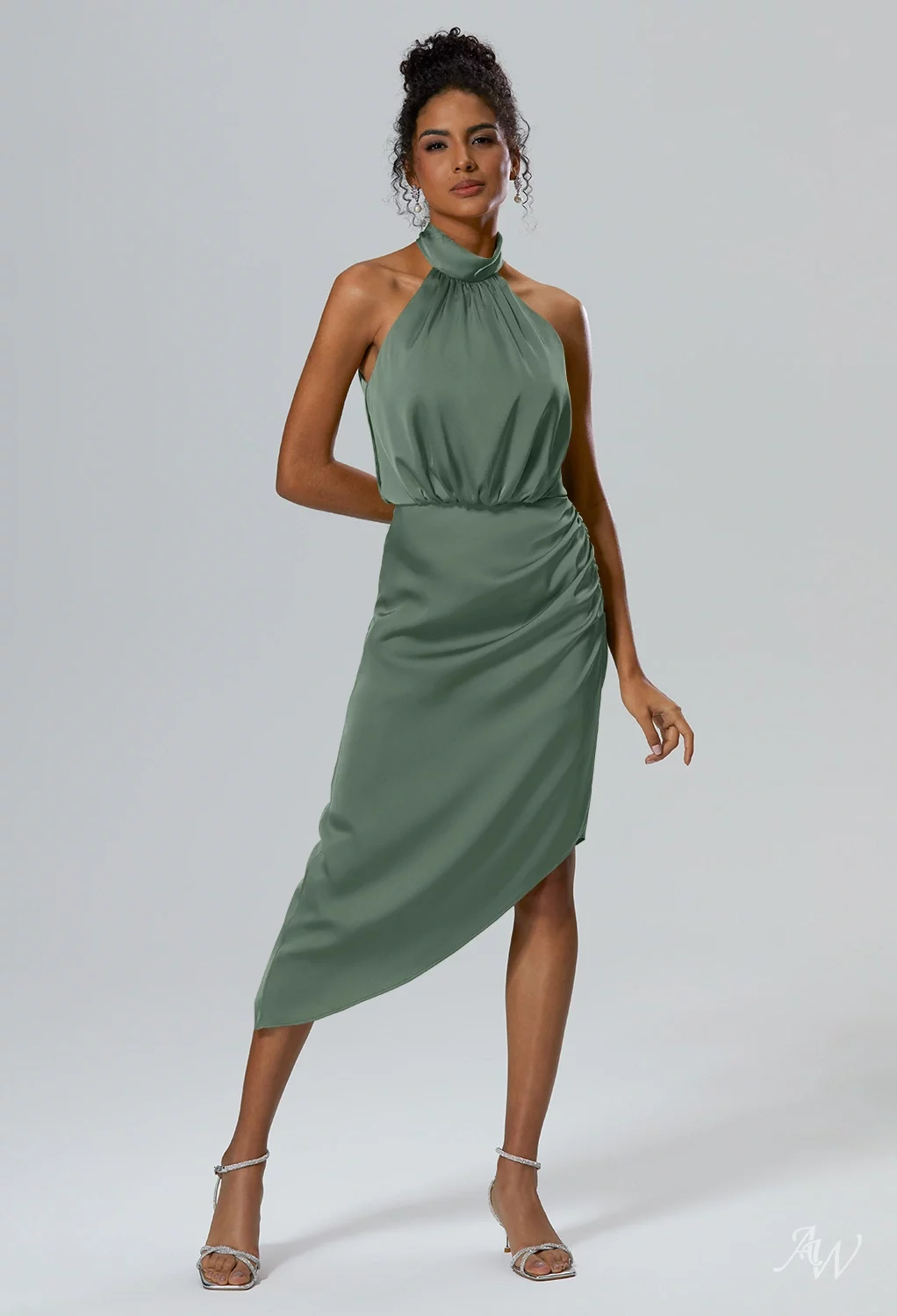 AW Ulrica Dress, Green Olive Crystal Satin Satin Charmeuse Knee Length Halter  Neckline Bridesmaid Dresses | AW.Bridal