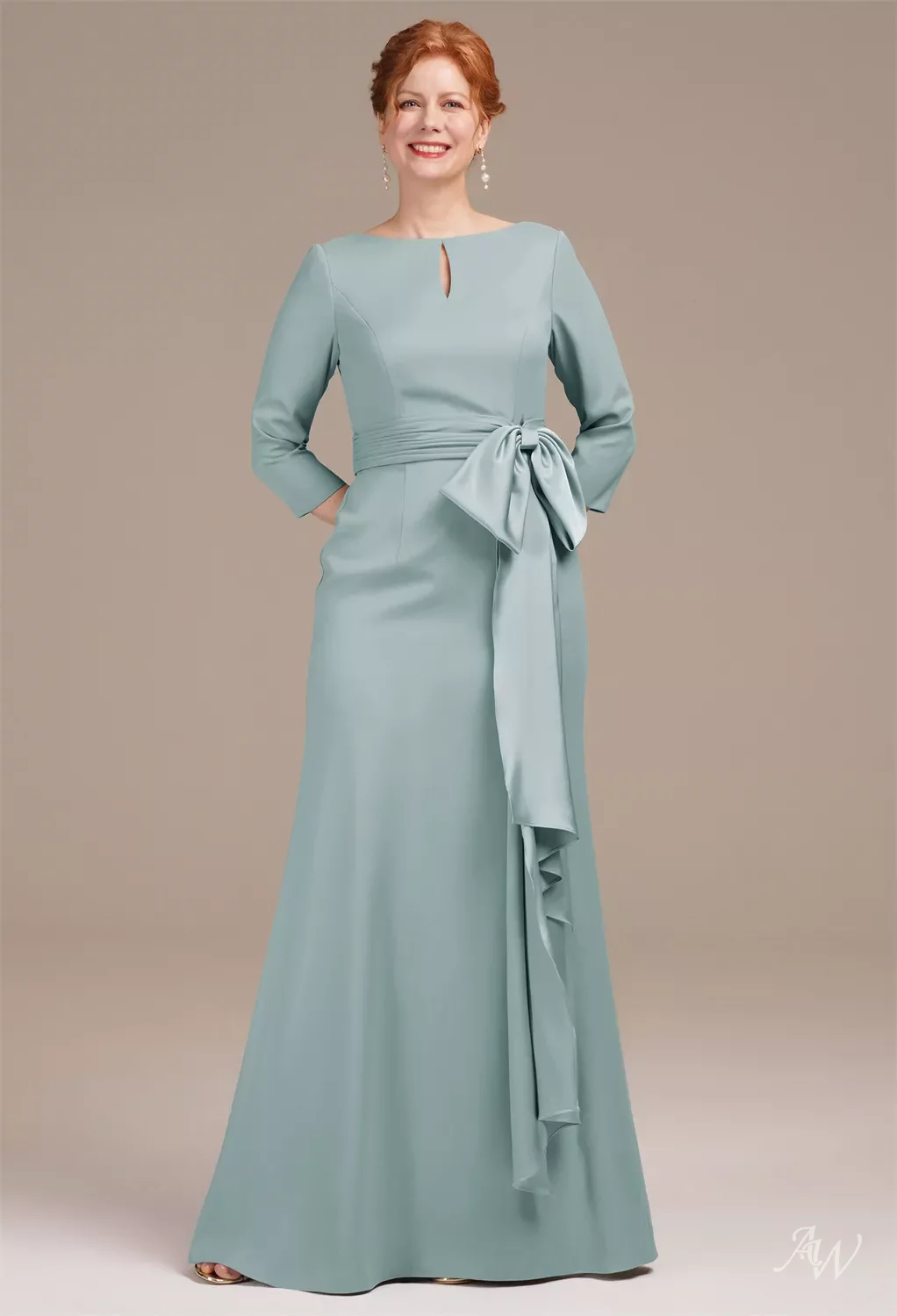 AW Jeanette Dress, Sage Green Satin Charmeuse Floor Length Bateau ...
