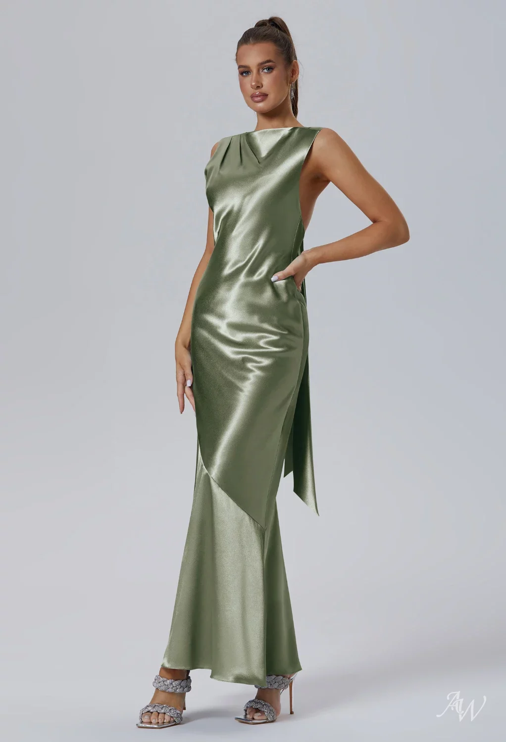 celestial sass satin dress AW.Bridal Mermaid Bateau Neckline Floor Length Sleeveless Crystal Satin Ruching Long Bridesmaid Dresses Dress Apricot Size 8