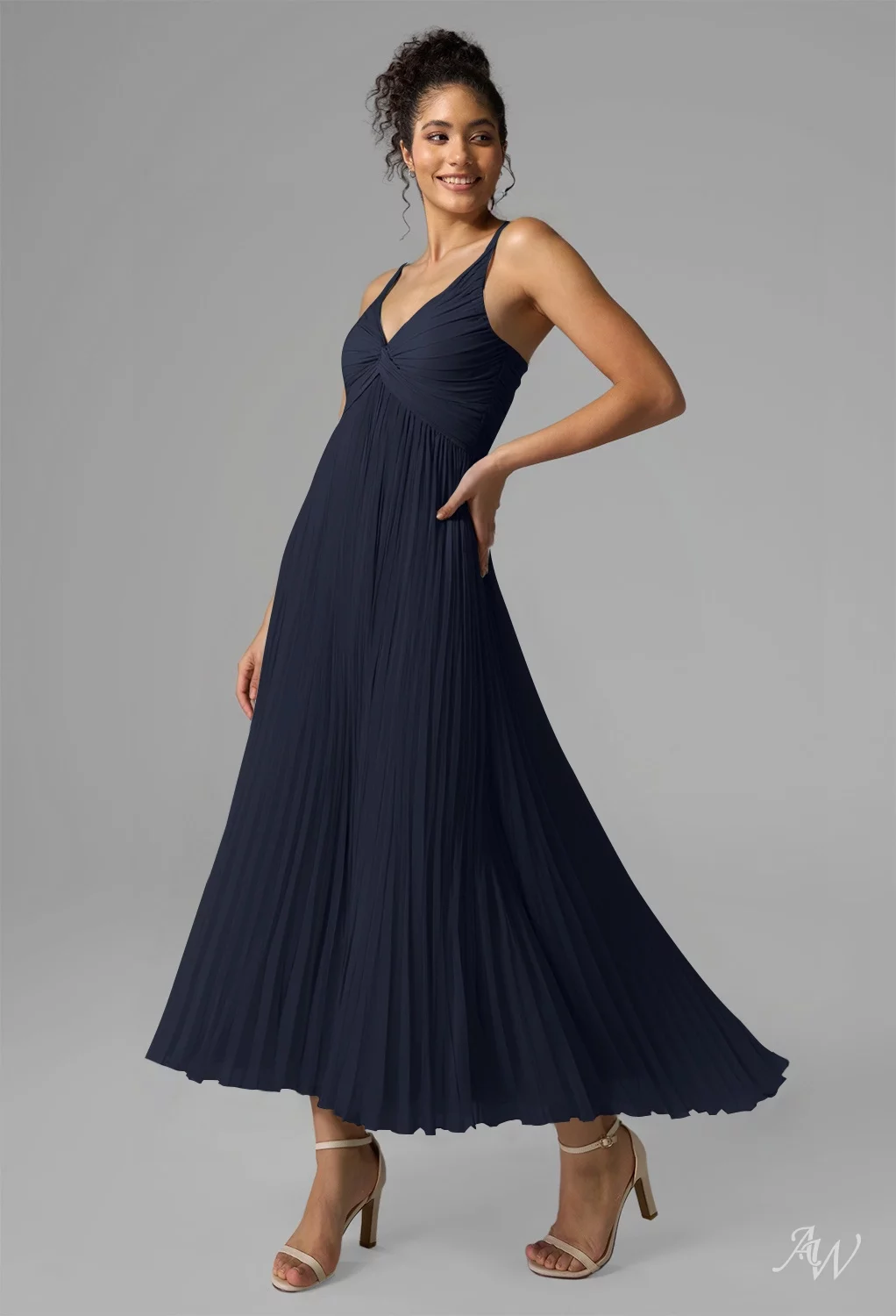 AW.Bridal A-Line V-Neck Tea Length Sleeveless Spaghetti Straps Pleat Wedding Guest Dresses Dress Navy Size 6