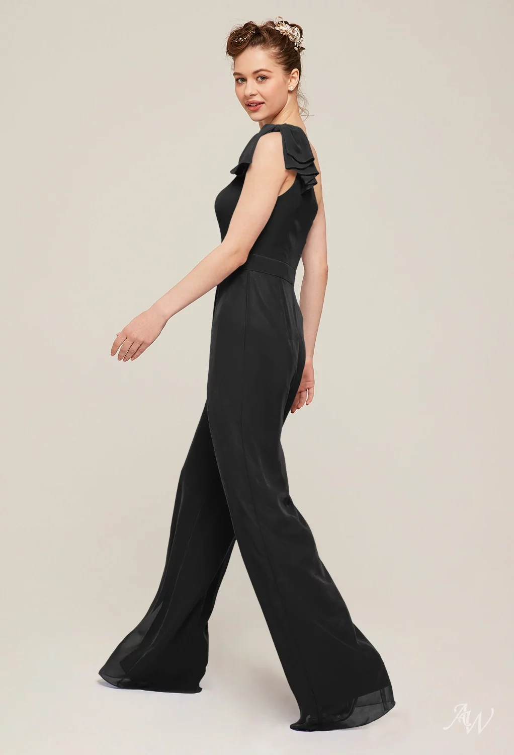 AW Basil Jumpsuit, Coral Pink Chiffon Floor Length One Shoulder