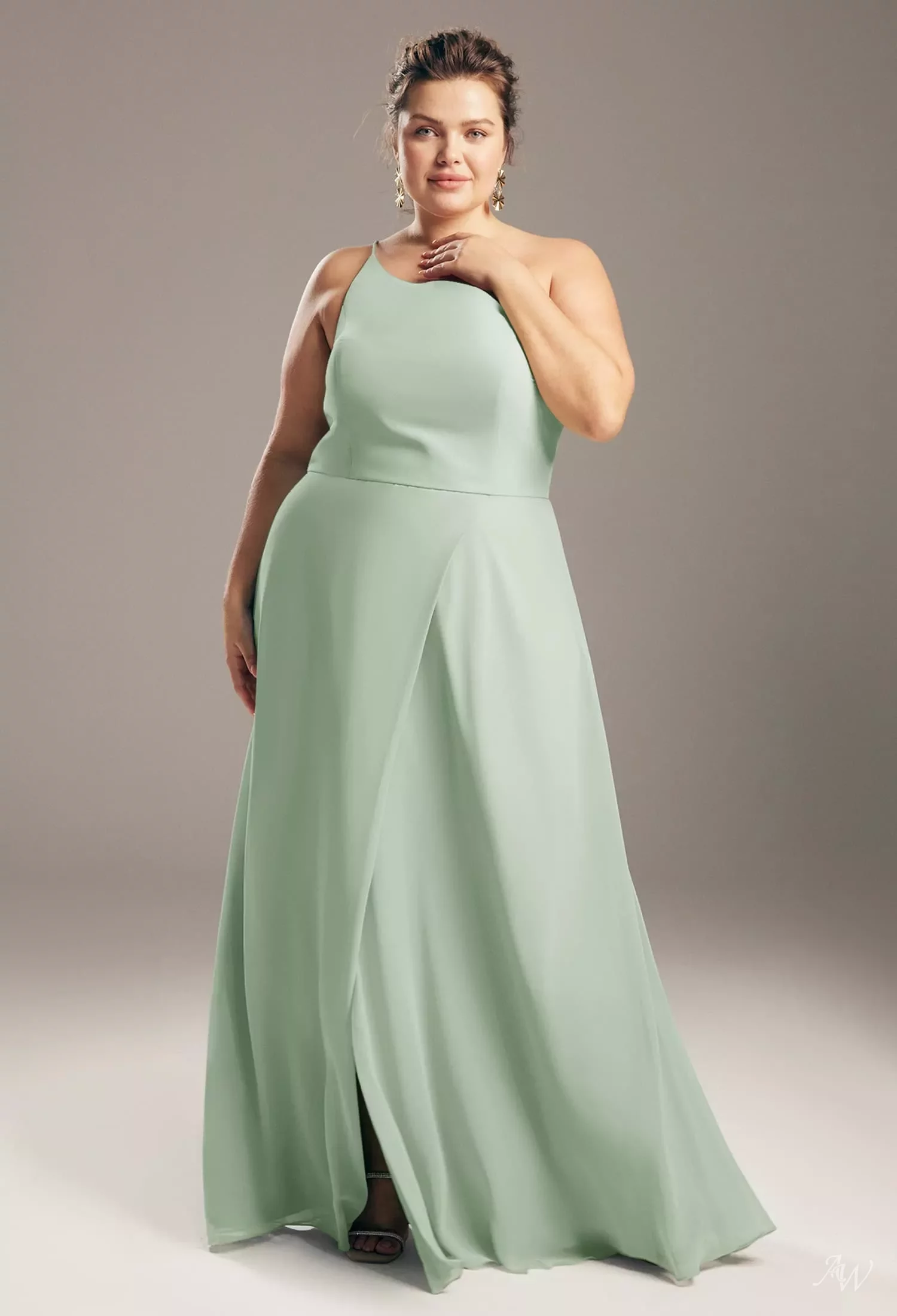 AW.Bridal A-line One Shoulder Floor Length Sleeveless Split Long Bridesmaid Dresses Dress Dusty Blue Size 4