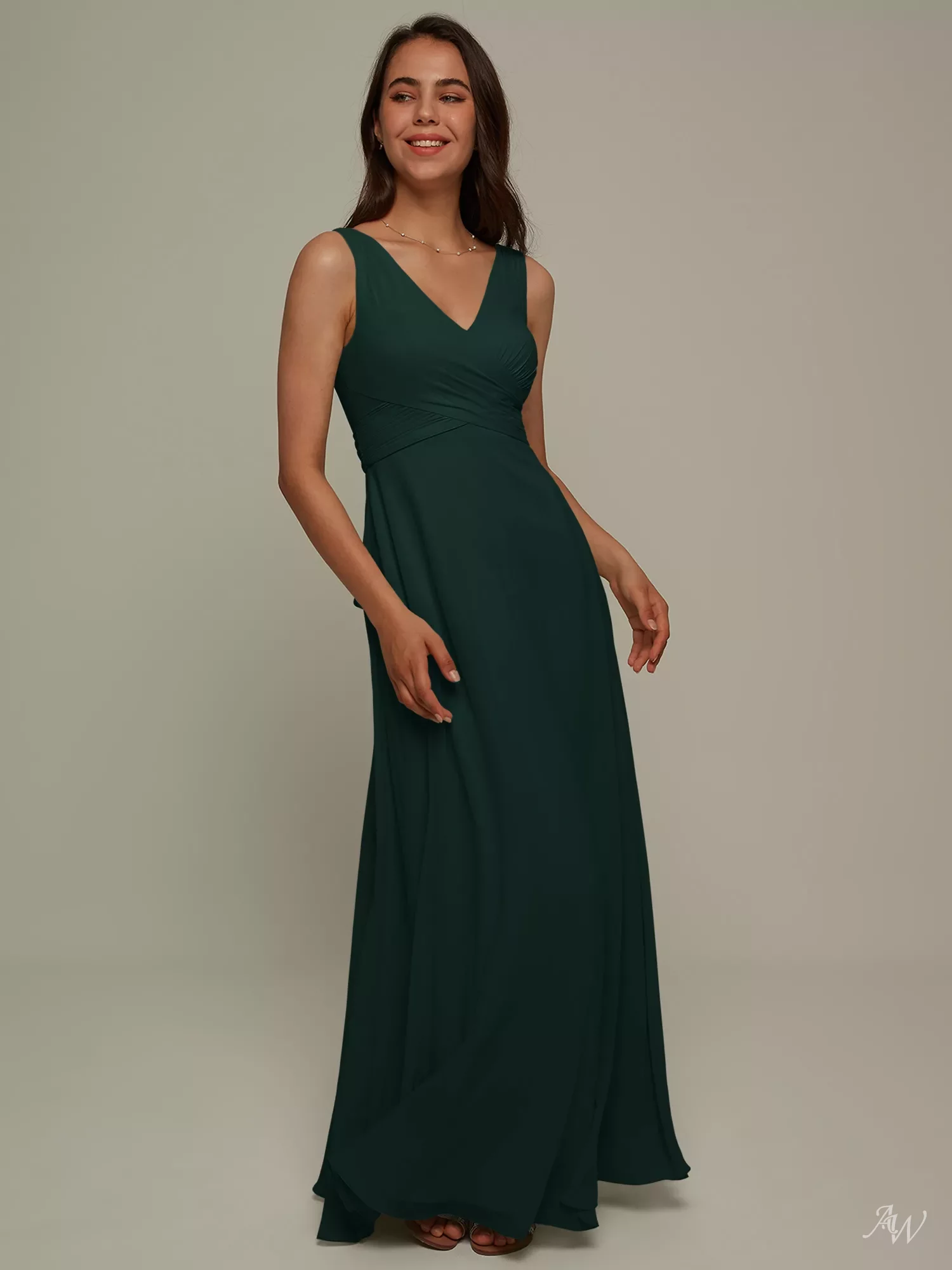AW Lucille Dress, Taupe Chiffon Floor Length V-Neck Bridesmaid Dresses |  AW.Bridal
