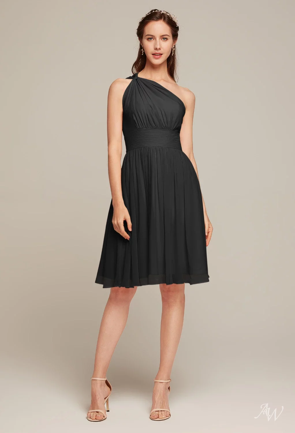 AW Winnie Dress, Champagne Chiffon Knee Length One Shoulder Bridesmaid Dresses | AW.Bridal AW Winnie Dress, Champagne Chiffon Knee Length One Shoulder Bridesmaid Dresses | AW.Bridal