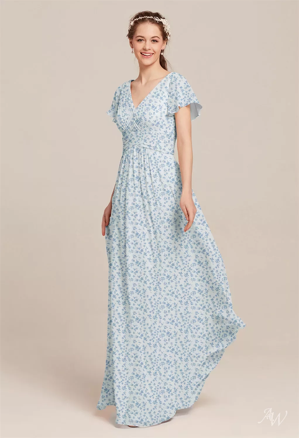 AW Griffin Dress, Skyblue Star Floral Chiffon Floor Length V