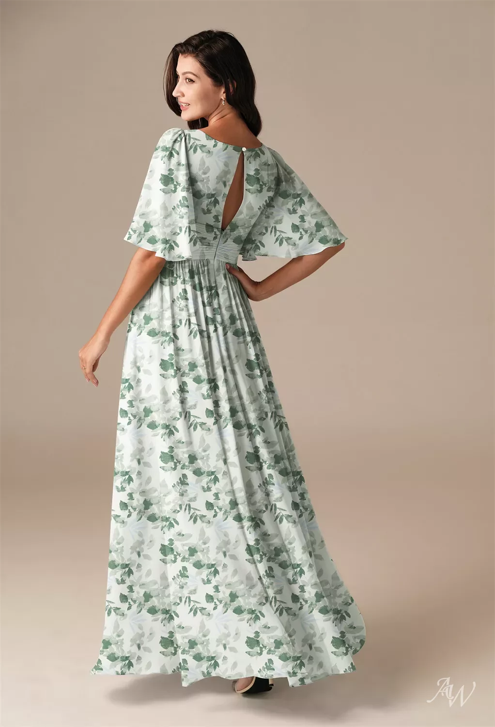 AW Kenney Dress, Blue Botanical Floral Chiffon Floor Length