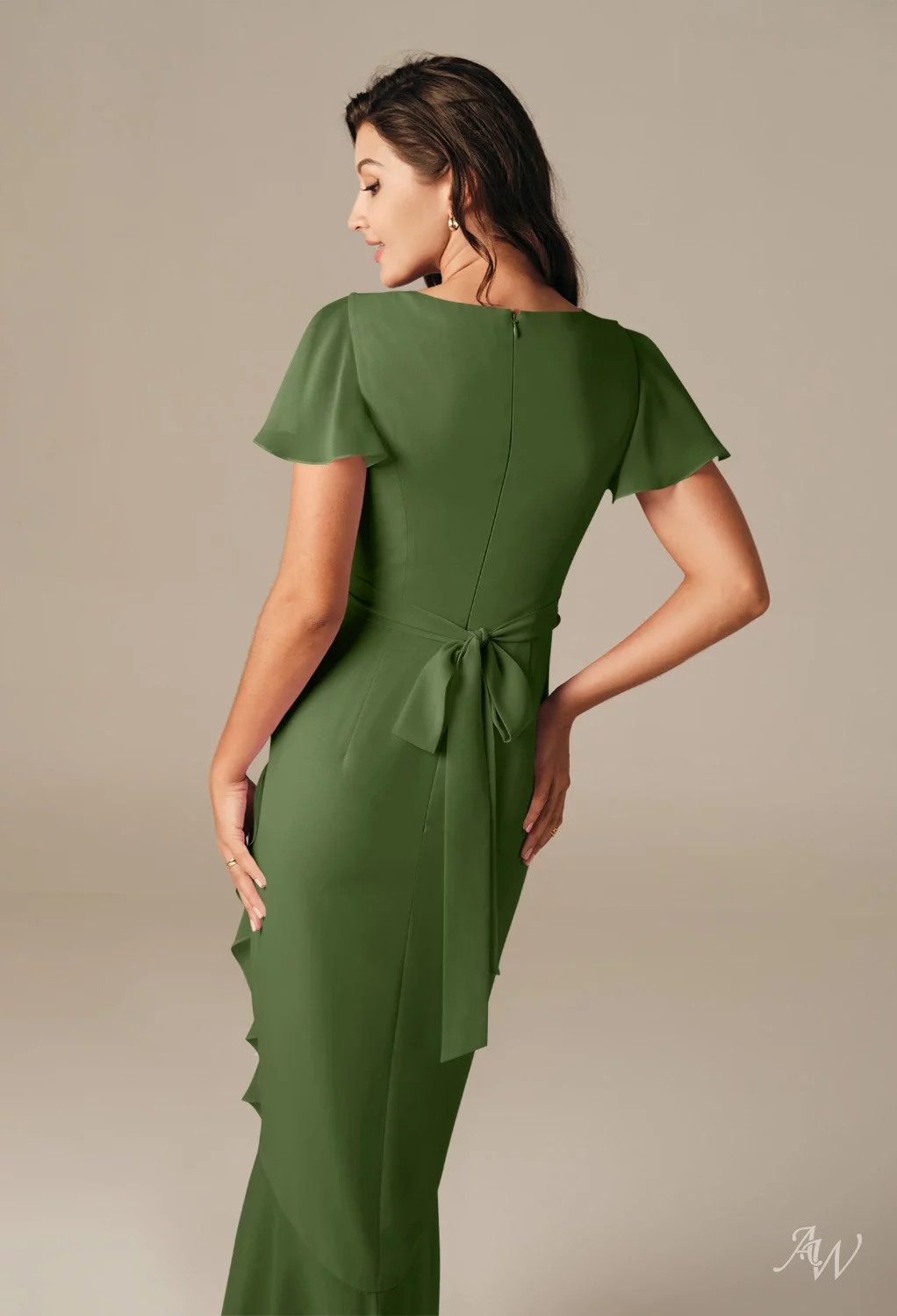 AW.Bridal Mermaid V-Neck Hi Lo Short Sleeves Chiffon Ruffles Wedding Guest Dresses Taupe Size 6