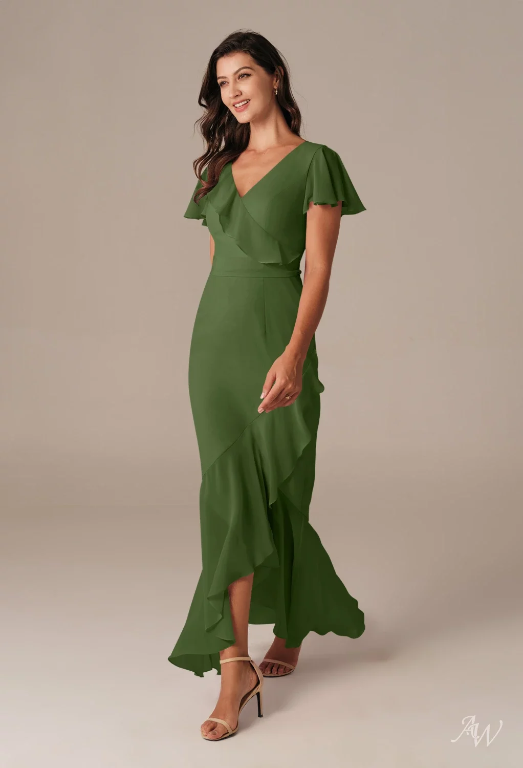 AW.Bridal Mermaid V-Neck Hi Lo Short Sleeves Chiffon Ruffles Wedding Guest Dresses Taupe Size 6