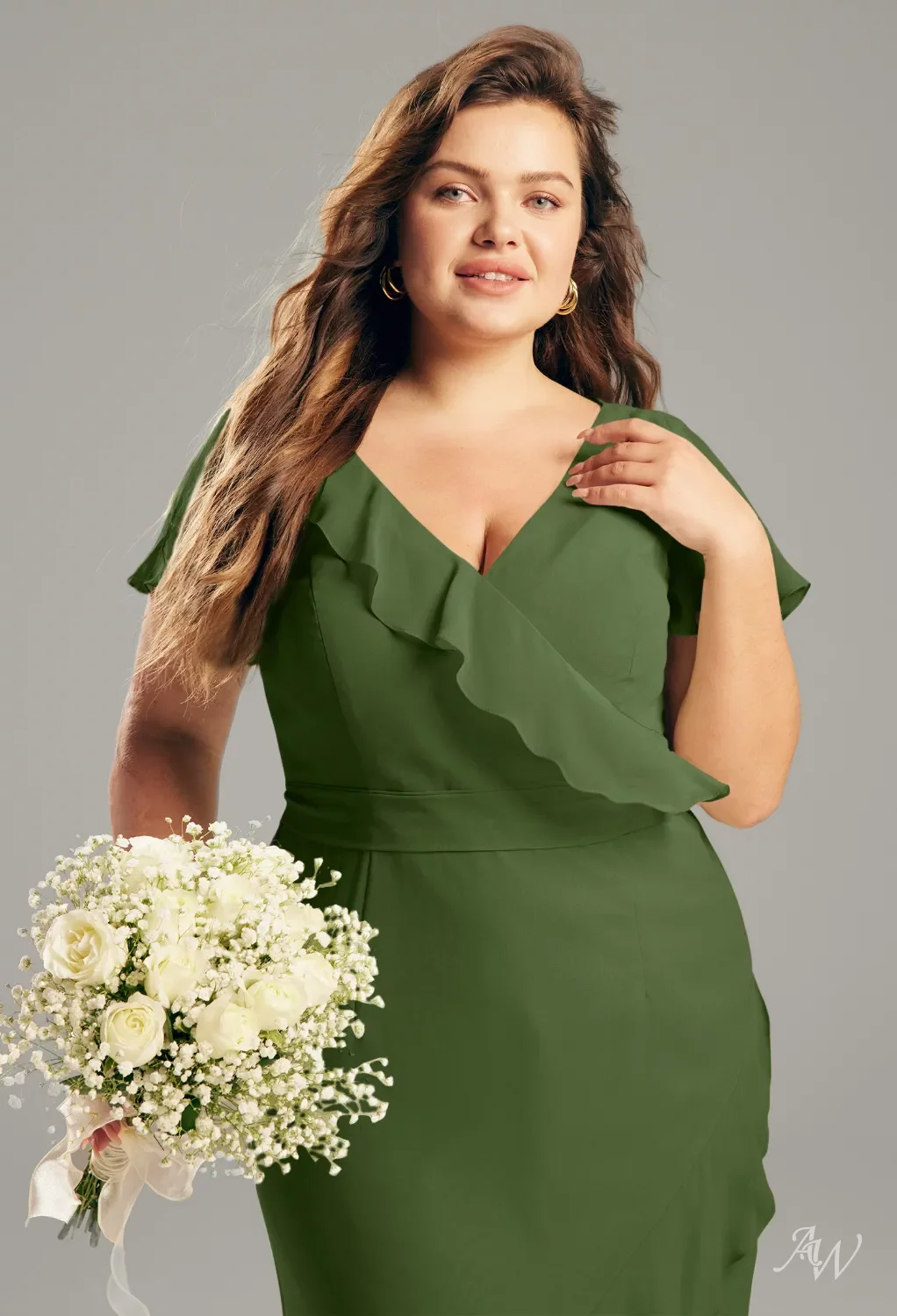 AW.Bridal Mermaid V-Neck Hi Lo Short Sleeves Chiffon Ruffles Wedding Guest Dresses Taupe Size 6