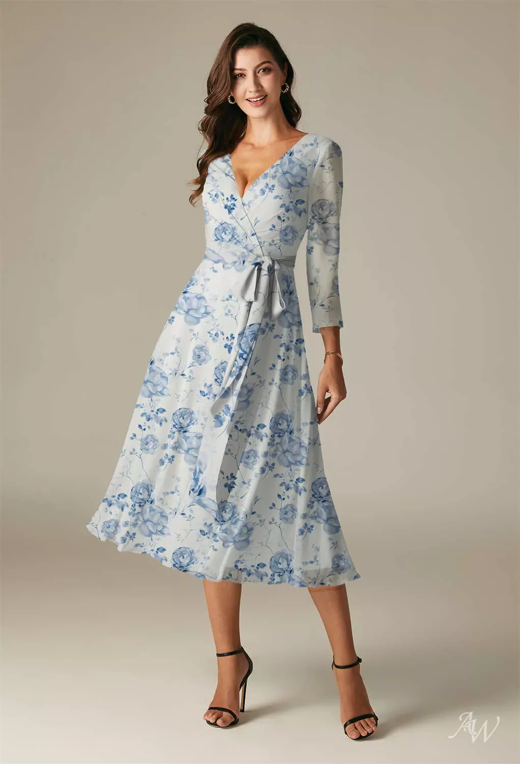 AW Gaia Dress, Blue Botanical Floral Chiffon Tea Length V-Neck Bridesmaid  Dresses | AW.Bridal