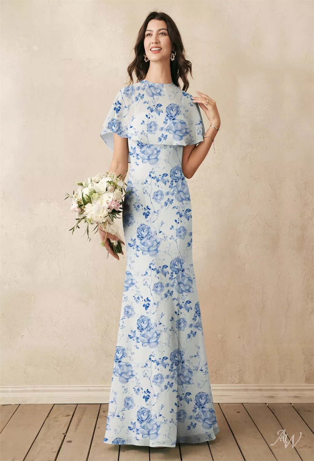 AW Myra Dress, Blue Botanical Floral Chiffon Floor Length Square Neckline  Bridesmaid Dresses | AW.Bridal