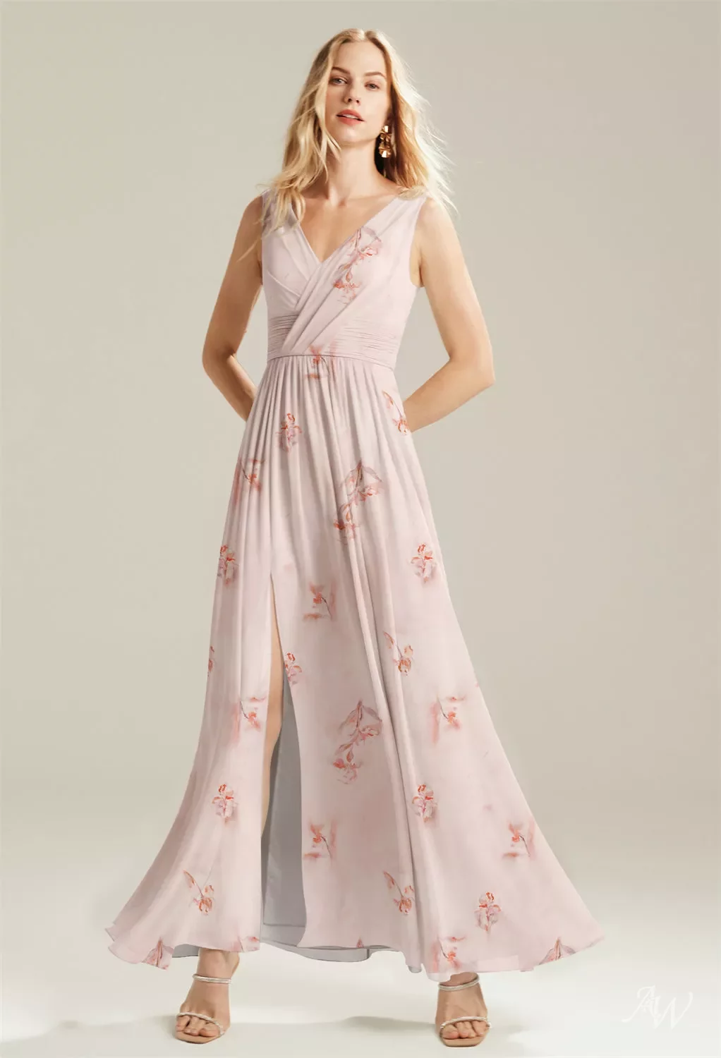 AW Gertrude Dress, Sweet Pink Blooms Chiffon Floor Length V-Neck Bridesmaid Dresses | AW.Bridal AW Gertrude Dress, Sweet Pink Blooms Chiffon Floor Length V-Neck Bridesmaid Dresses | AW.Bridal