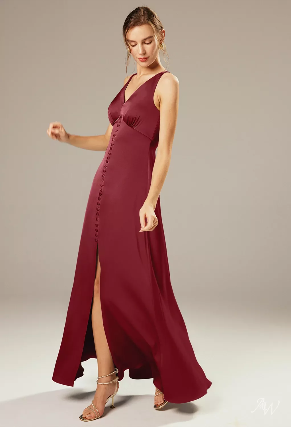 AW.Bridal A-line V-Neck Floor Length Sleeveless Satin Split Long Bridesmaid Dresses Dress Dark Navy Size 8