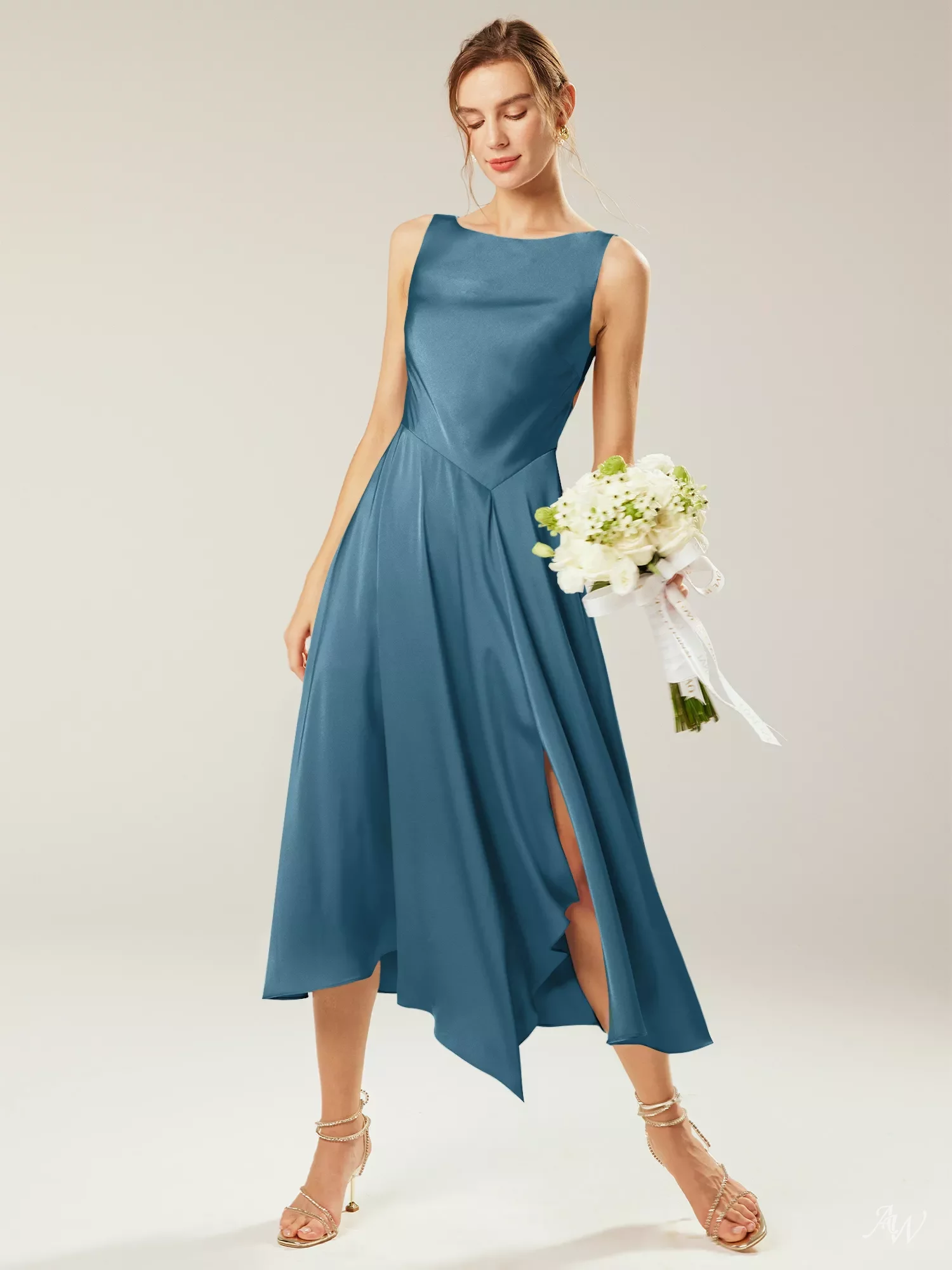 AW May Dress, Dusty Blue Satin Charmeuse Tea Length Bateau Neckline  Bridesmaid Dresses | AW.Bridal