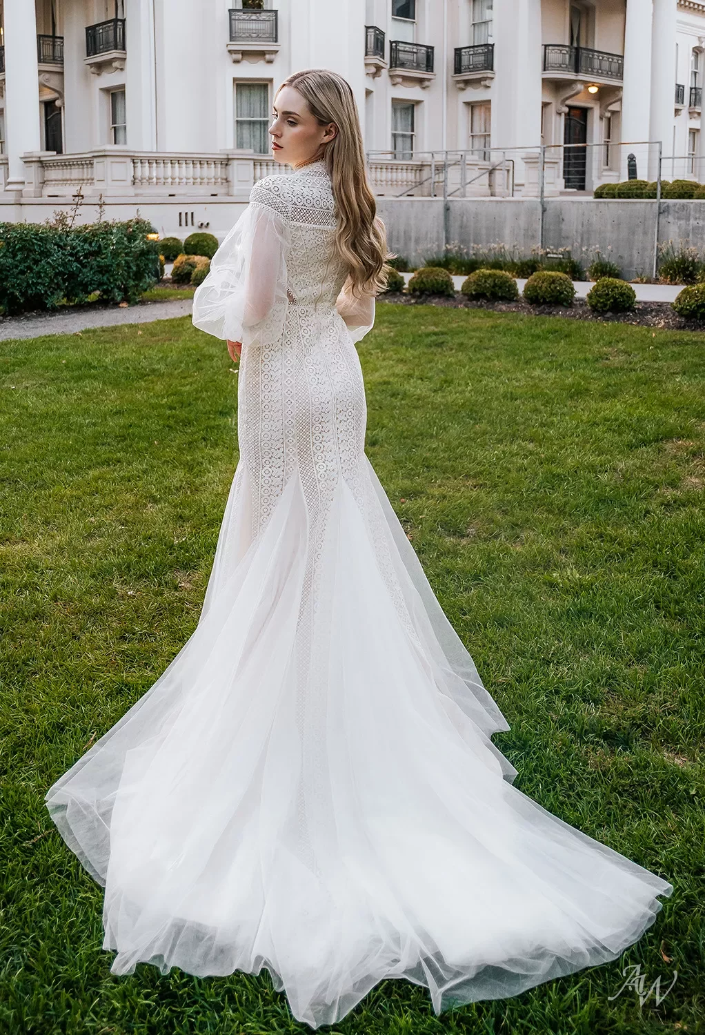 fitted lace wedding dress Puff sleeve swing collar halter open back wedding dress- Lati main image 0