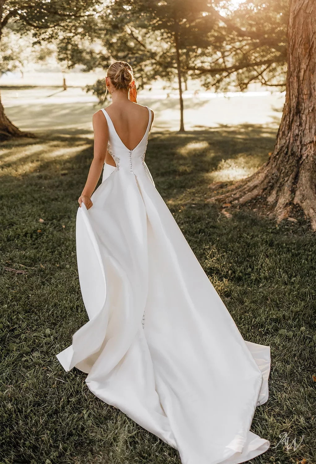 AW Gurkhan Wedding Dress, Jasmine Green Satin Floor Length Bateau Neckline Wedding  Dresses | AW.Bridal