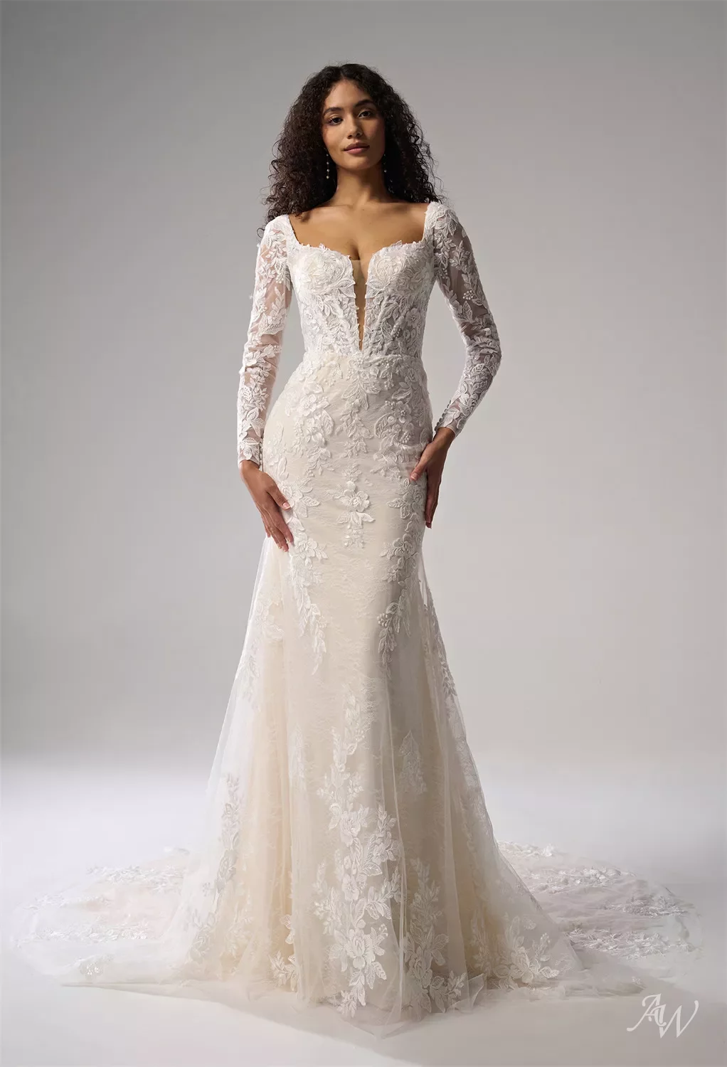 floor length dress for wedding Boho Long Sleeve Lace Wedding Dress | Romantic A-Line Bridal Gown main image 0