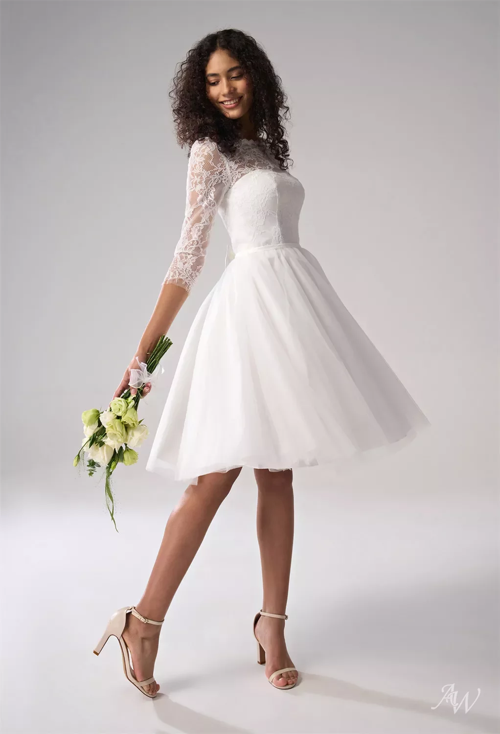 3 4 sleeve knee length wedding dress 3/4 Length Sleeve A-Line Mikado Wedding Dress HAREM's Brides