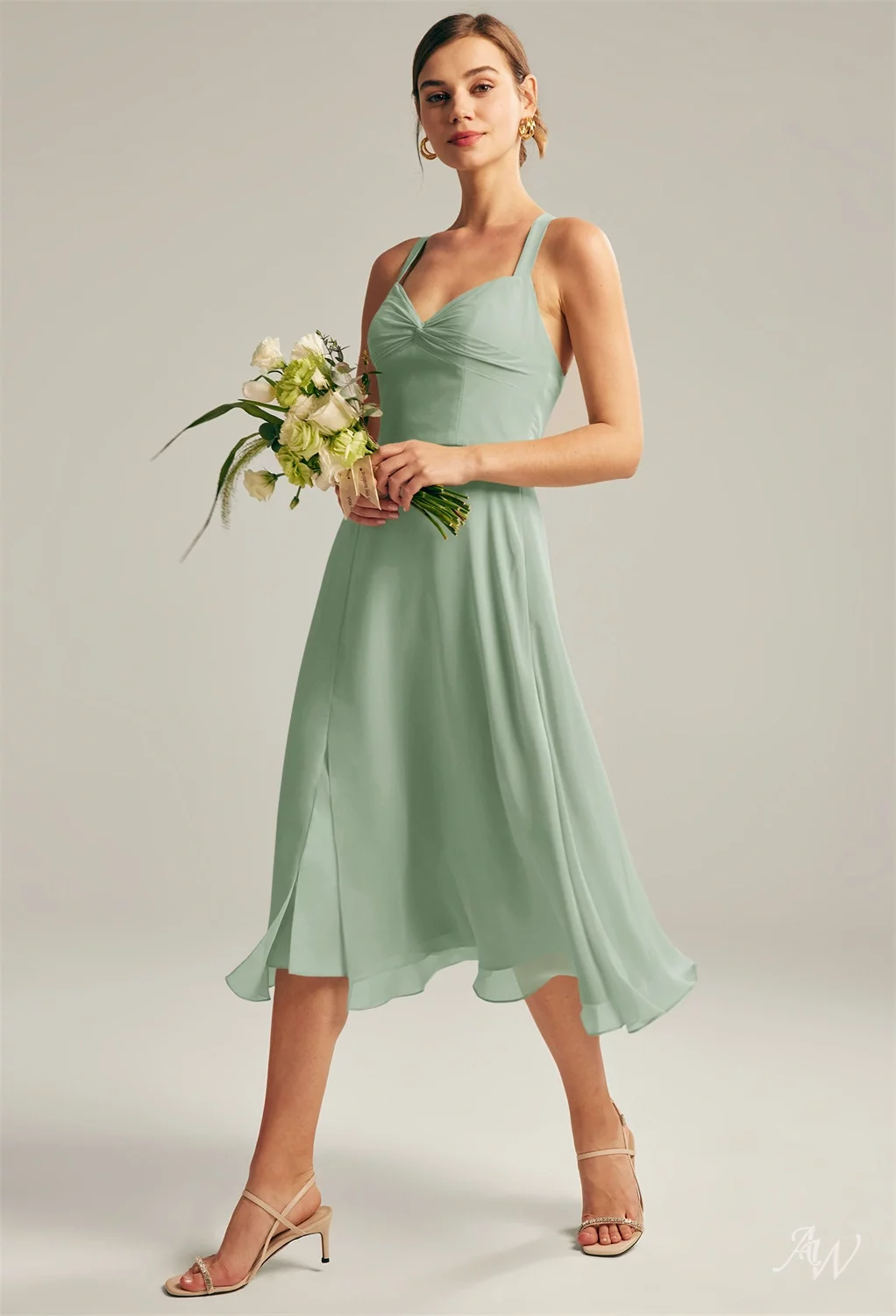 AW Gemma Dress, Sage Green Chiffon Tea Length Sweetheart Neckline  Bridesmaid Dresses | AW.Bridal
