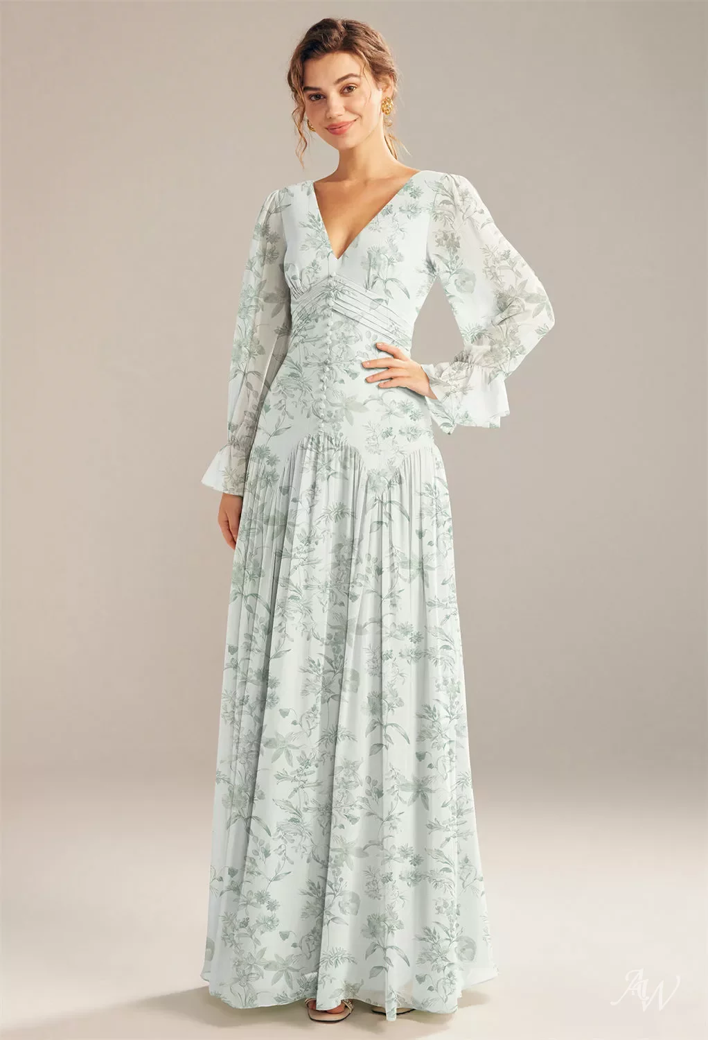 Chiffon Long Sleeve Green Floral Maxi Dress Bar III Petite Floral