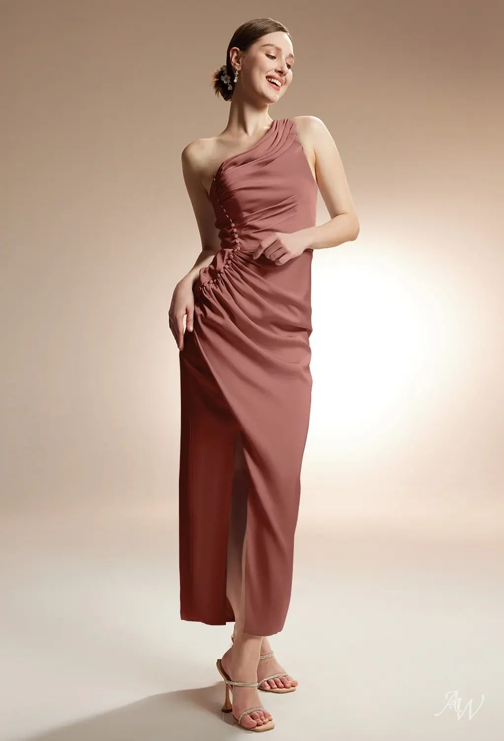 AW Myrtle Dress, Champagne Satin Charmeuse Ankle Length One Shoulder Bridesmaid Dresses | AW.Bridal AW Myrtle Dress, Champagne Satin Charmeuse Ankle Length One Shoulder Bridesmaid Dresses | AW.Bridal
