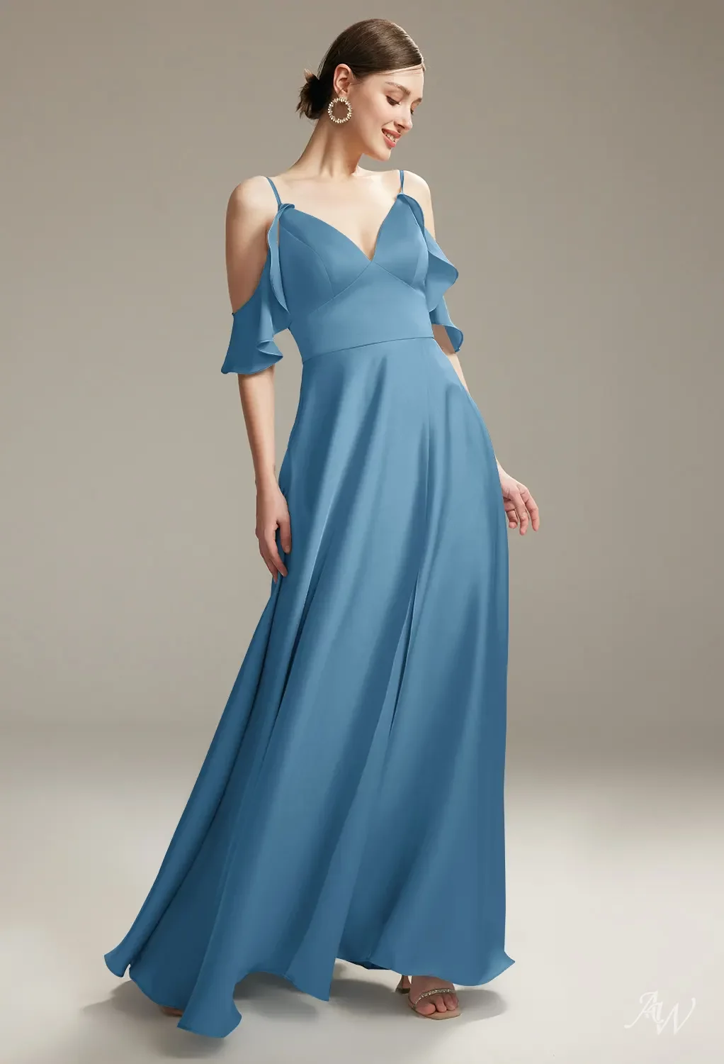 AW Ridge Dress, Champagne Satin Charmeuse Floor Length V-Neck Bridesmaid  Dresses | AW.Bridal