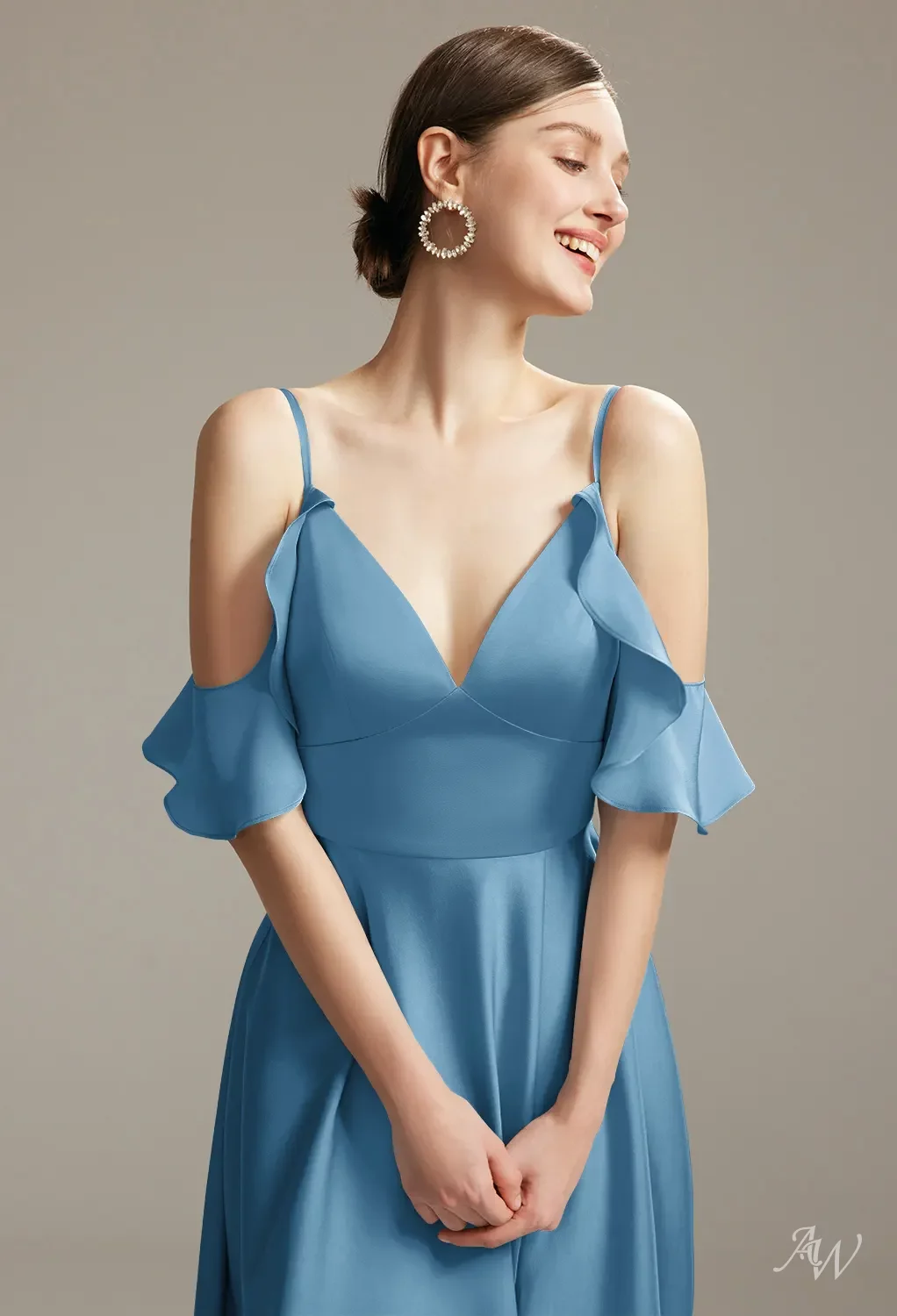AW Ridge Dress, Champagne Satin Charmeuse Floor Length V-Neck Bridesmaid  Dresses | AW.Bridal