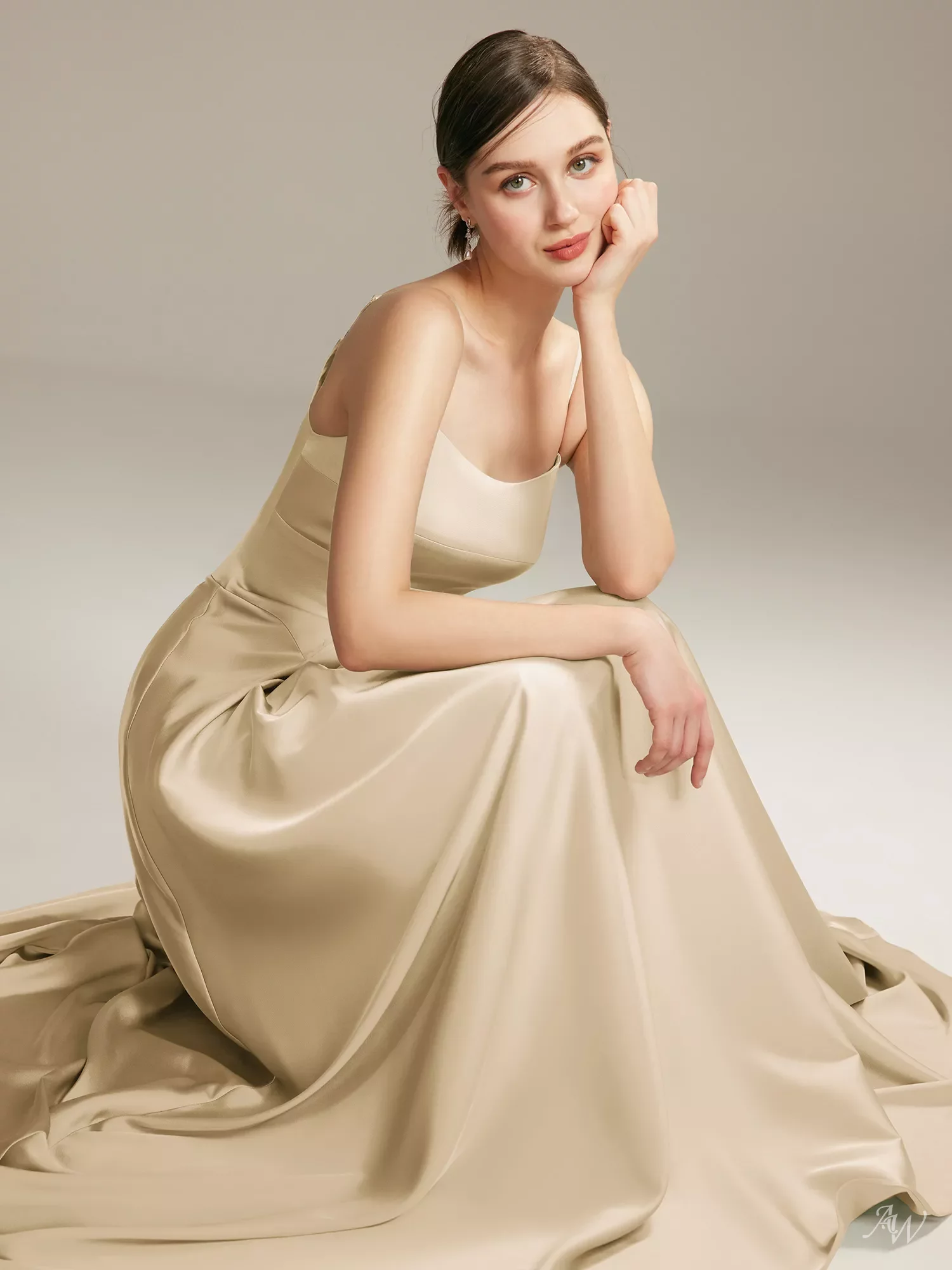 AW Rilla Dress, Champagne Satin Charmeuse Floor Length Scoop/U-Neck Bridesmaid  Dresses | AW.Bridal