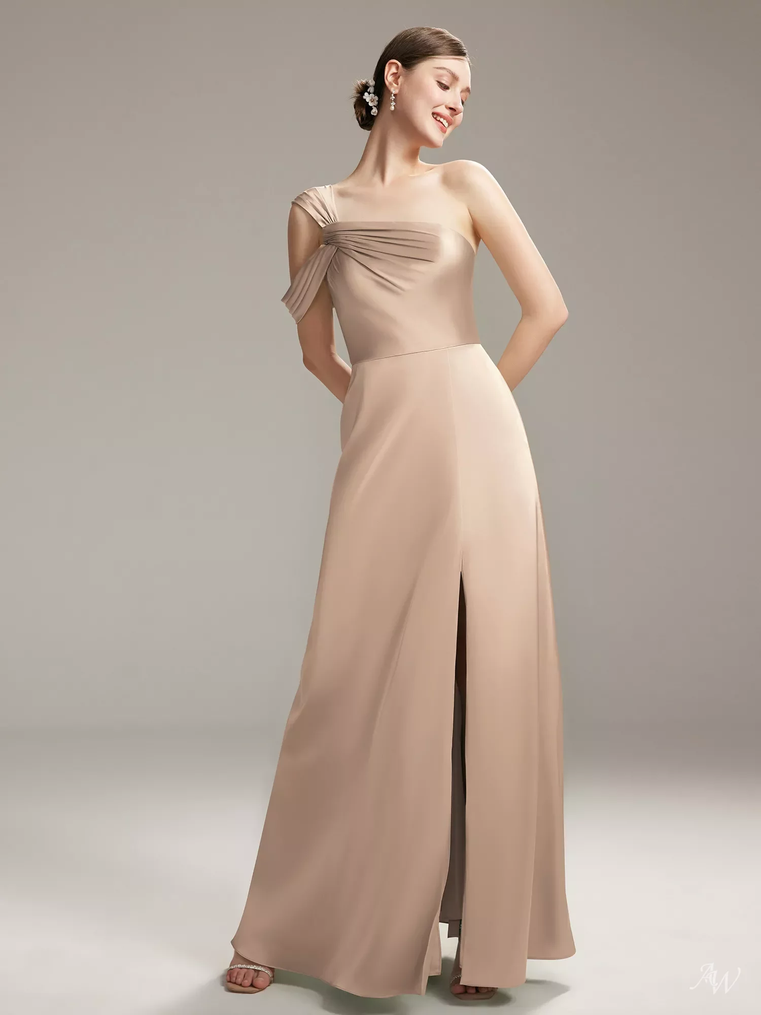 AW.Bridal A-Line One Shoulder Floor Length Sleeveless Satin Split Long Bridesmaid Dresses Dress Light Gold Size 16