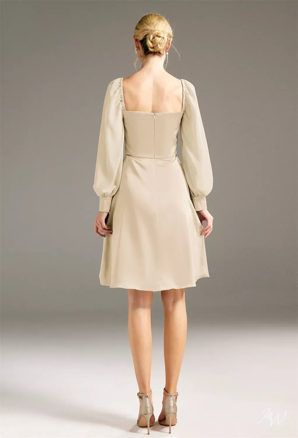 AW Jules Dress, Champagne Chiffon Satin Charmeuse Knee Length Square Neckline Bridesmaid Dresses | AW.Bridal AW Jules Dress, Champagne Chiffon Satin Charmeuse Knee Length Square Neckline Bridesmaid Dresses | AW.Bridal