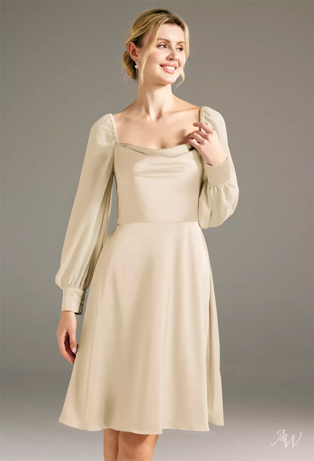 AW Jules Dress, Champagne Chiffon Satin Charmeuse Knee Length Square  Neckline Bridesmaid Dresses | AW.Bridal