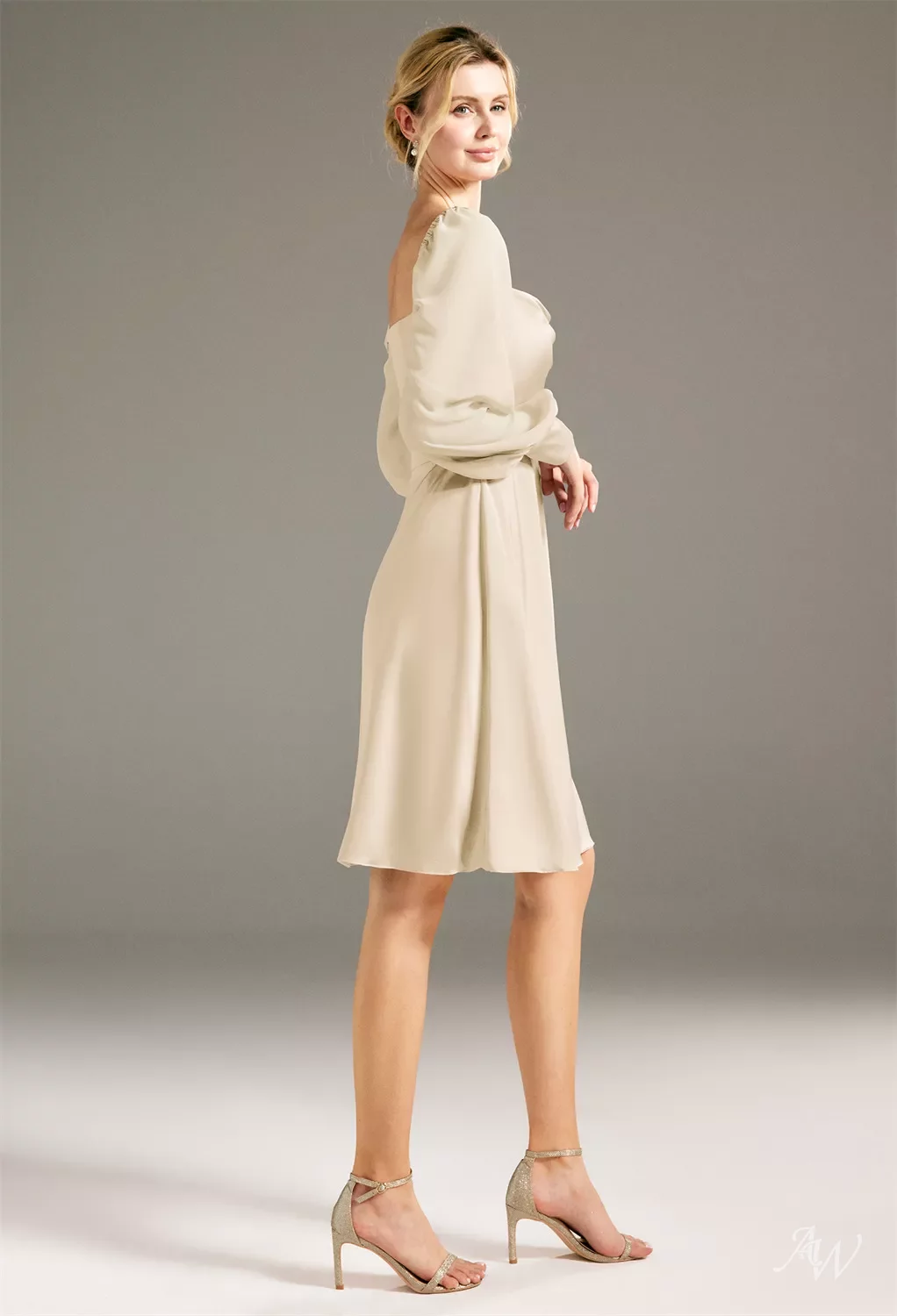 AW Jules Dress, Champagne Chiffon Satin Charmeuse Knee Length Square  Neckline Bridesmaid Dresses | AW.Bridal