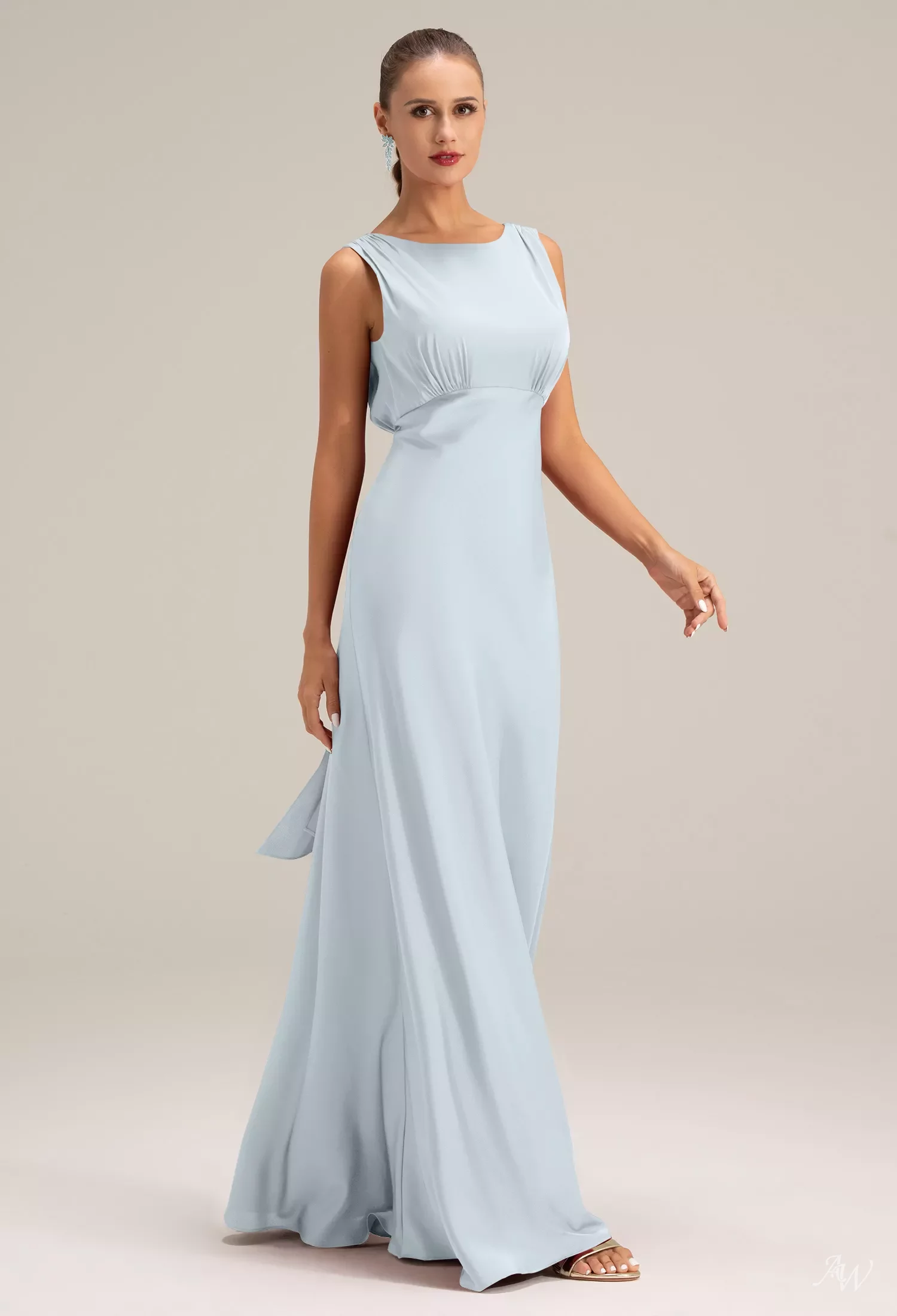AW Keira Dress, Baby Blue Crystal Satin Satin Charmeuse Stretch Satin Floor  Length Bateau Neckline Bridesmaid Dresses | AW.Bridal