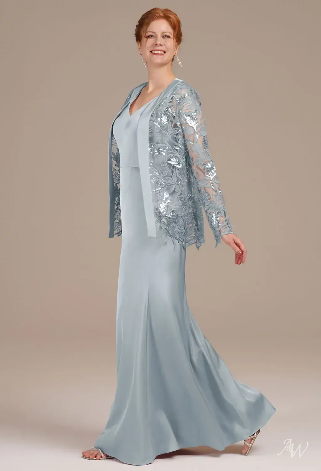 AW Loraine Dress, Champagne Satin Charmeuse Floor Length V-Neck