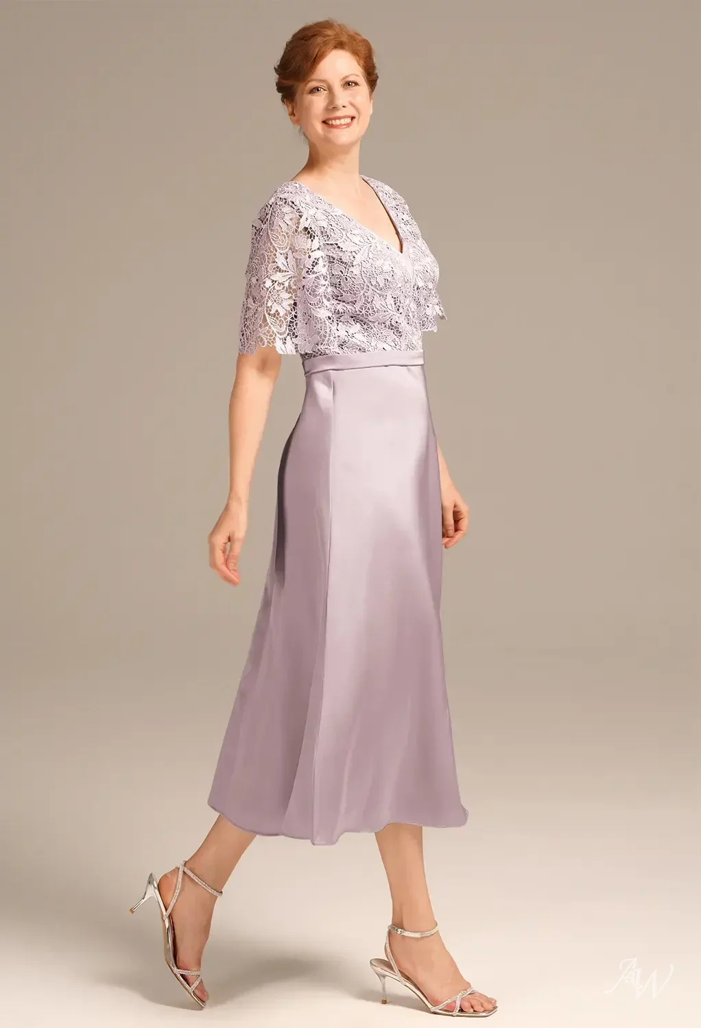 AW Pamela Dress, Sage Green Satin Charmeuse Tea Length V-Neck