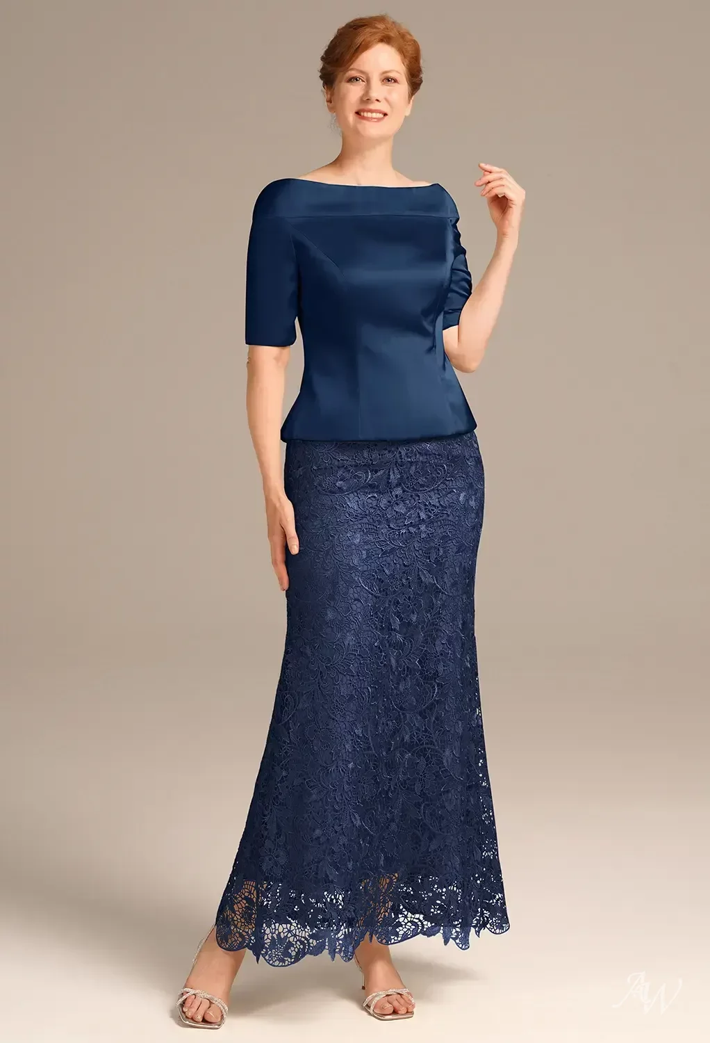 AW Penrose Dress, Navy Satin Charmeuse Ankle Length Straight Neckline Mother  of the Bride Dresses | AW.Bridal