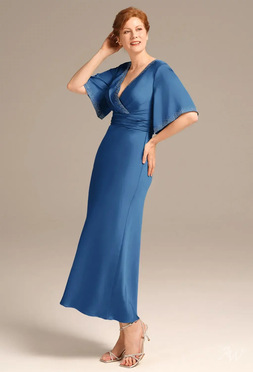 AW Oleander Dress, Sage Green Satin Charmeuse Tea Length V-Neck