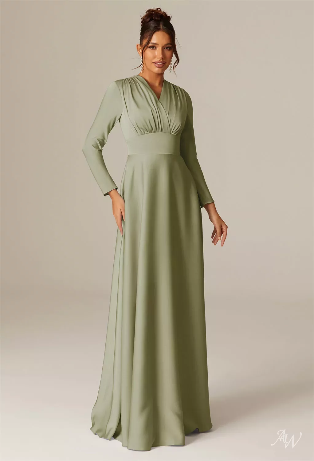bridesmaid dresses for april wedding AW.Bridal Stretch Satin A-line V-Neck Floor Length Long Sleeves Dress Dusty Rose Size 16 Vogue Non Traditional Bridesmaid feature_Chiffon Satin Charmeuse Outfit Options:Tutu