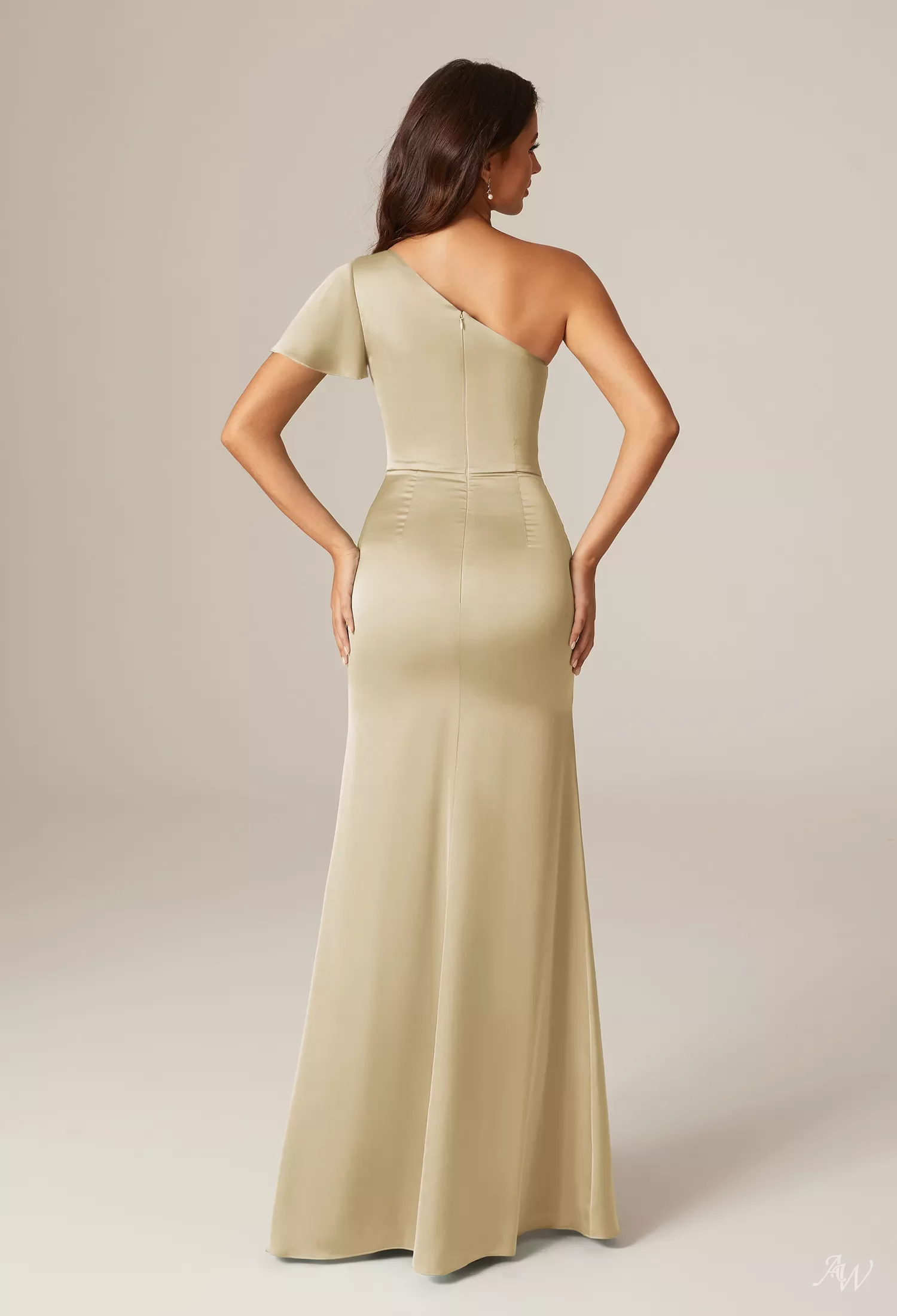 AW Dorcas Dress, Ivory Satin Charmeuse Floor Length One Shoulder