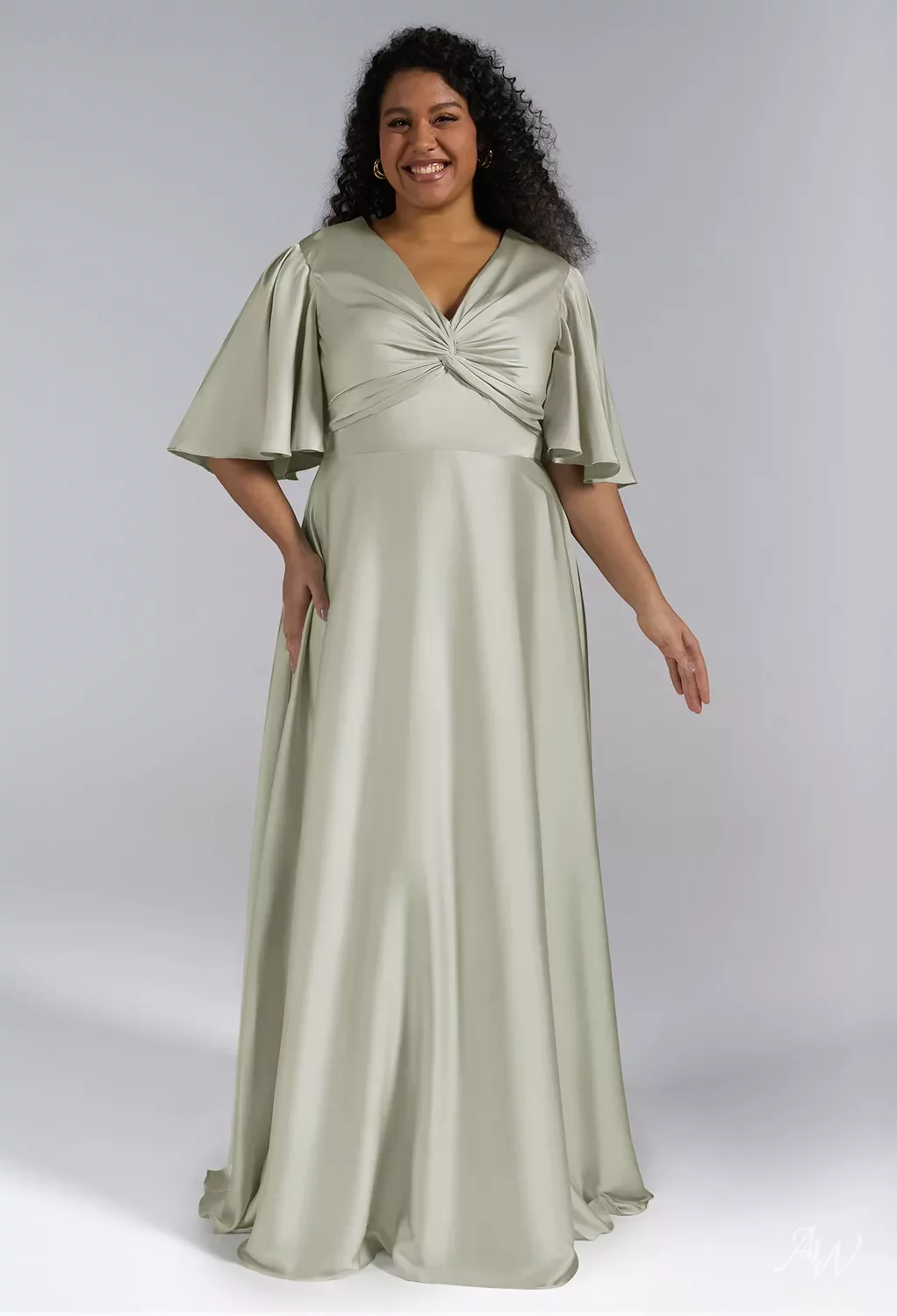 AW Elinore Dress, Taupe Crystal Satin Satin Charmeuse Stretch Satin Stretch  knitted fabric Floor Length V-Neck Bridesmaid Dresses | AW.Bridal