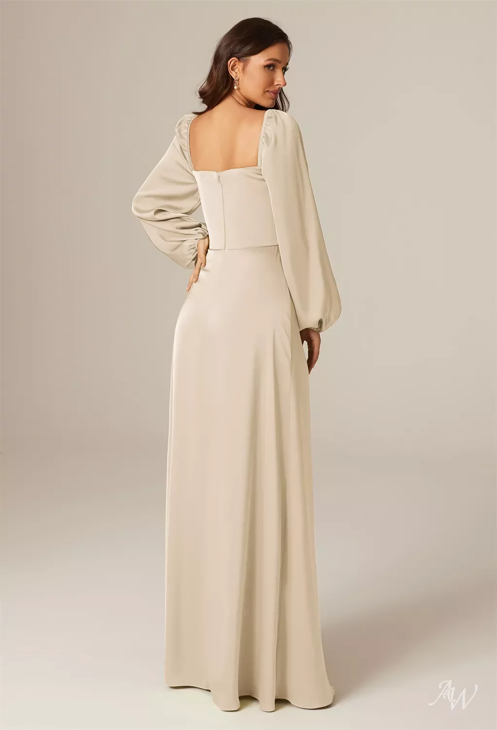 AW.Bridal A-line Sweetheart Neckline Floor Length Long Sleeves Satin Plus Size Dresses Dress Timber Wolf Size 8