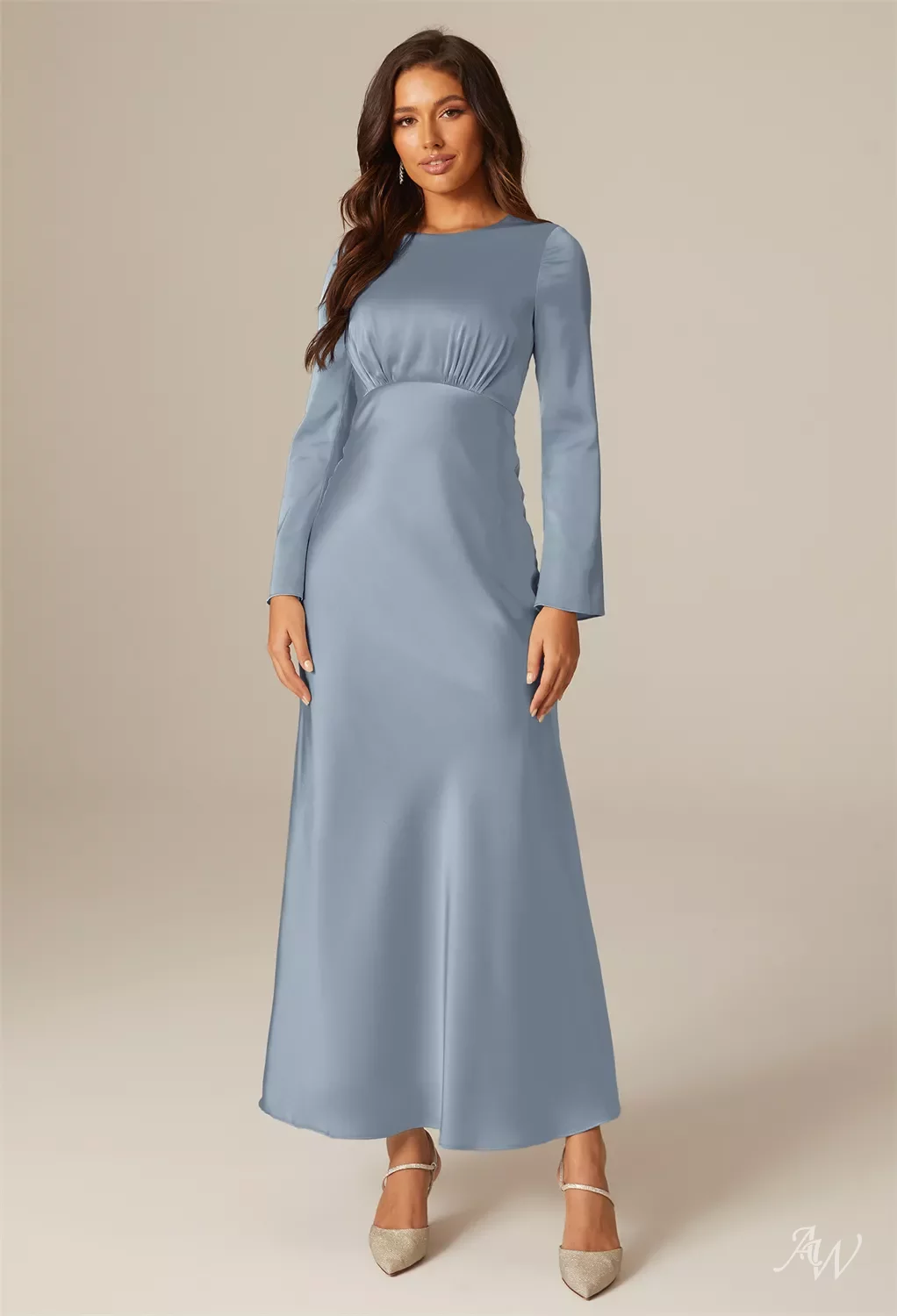 AW Ginevra Dress, Taupe Crystal Satin Satin Charmeuse Stretch