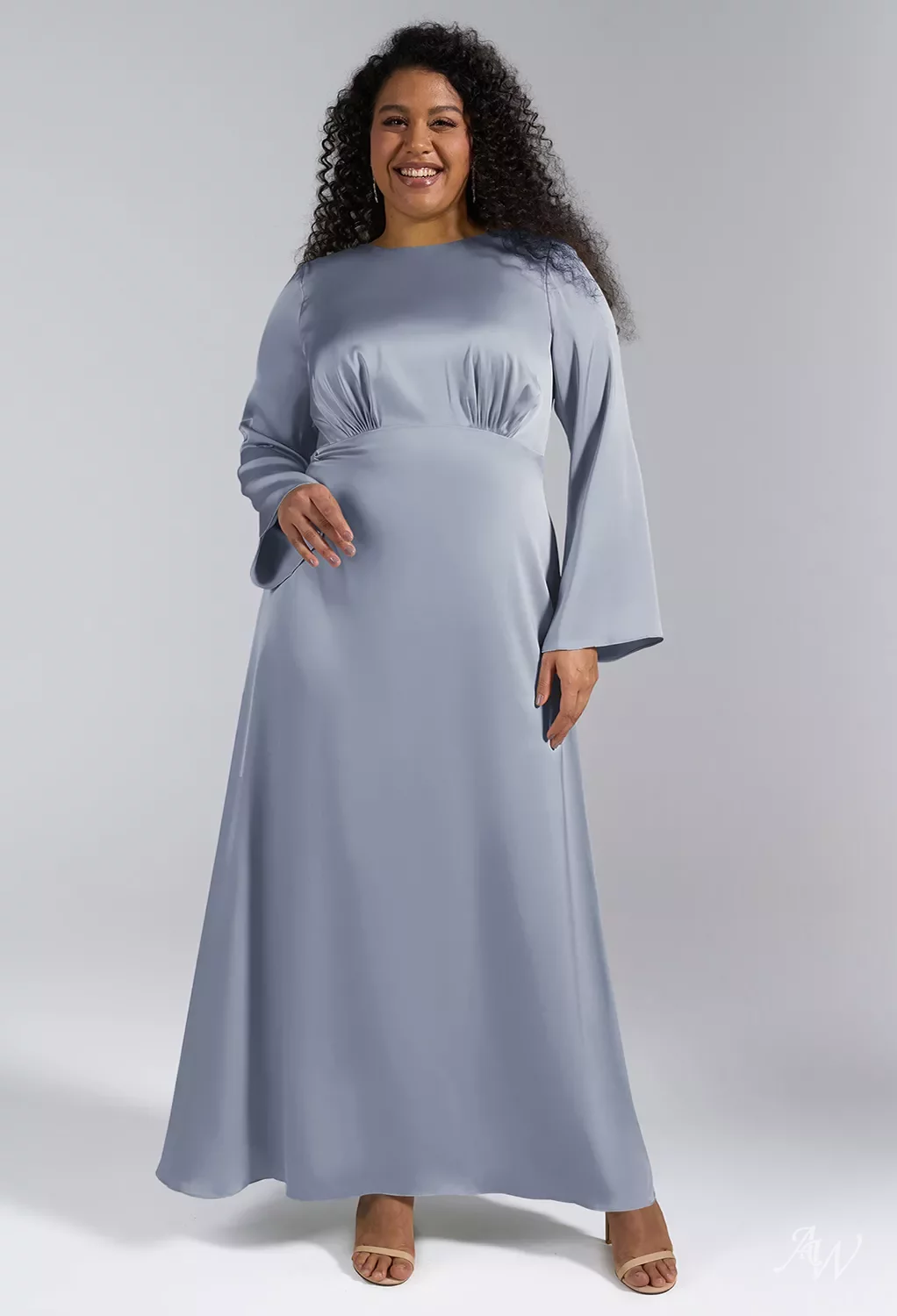 AW Ginevra Dress, Taupe Crystal Satin Satin Charmeuse Stretch