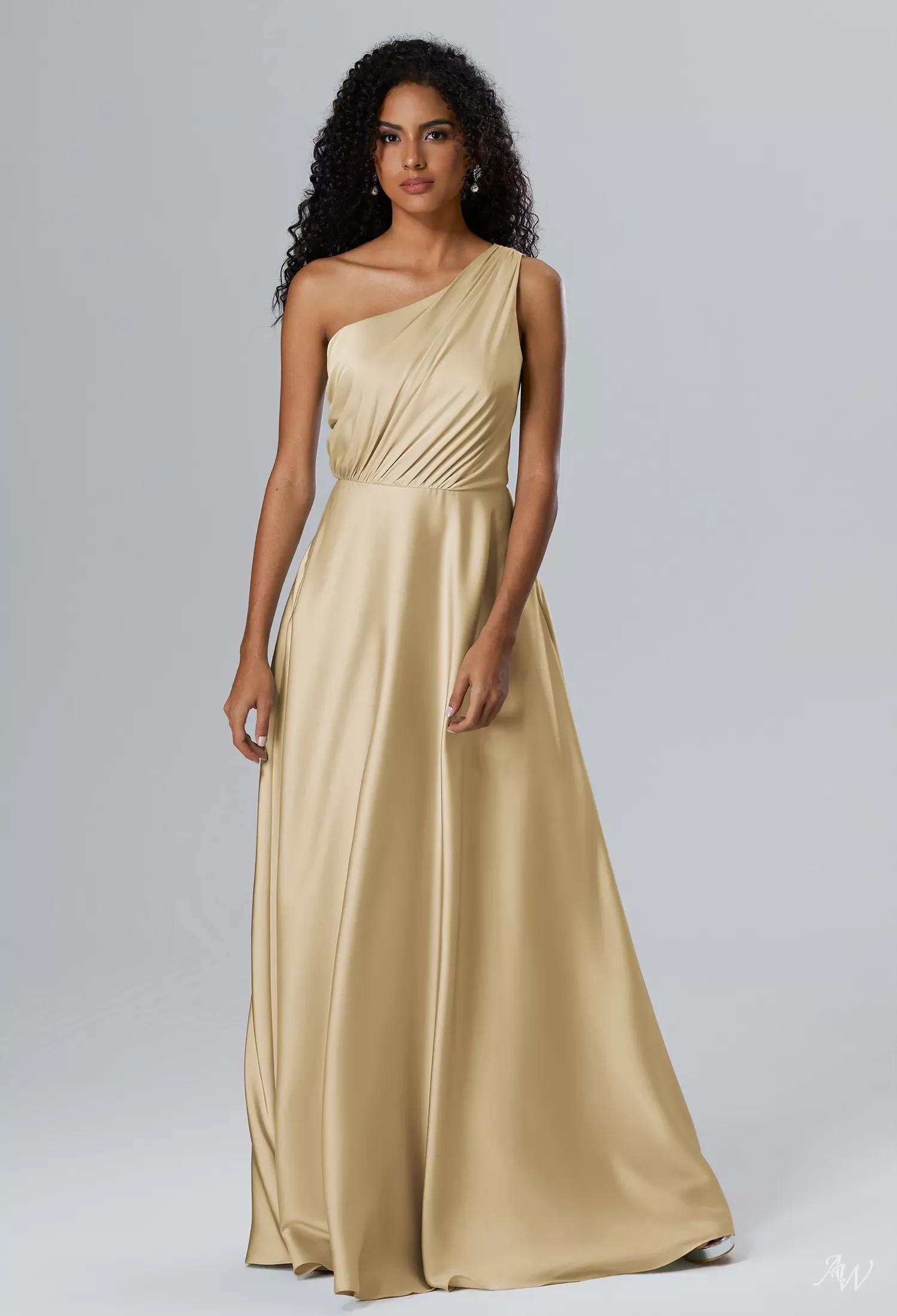 gold one shoulder bridesmaid dresses AW.Bridal A-line One Shoulder Floor Length Sleeveless Satin Long Bridesmaid Dresses Dress Seal Brown Size 18