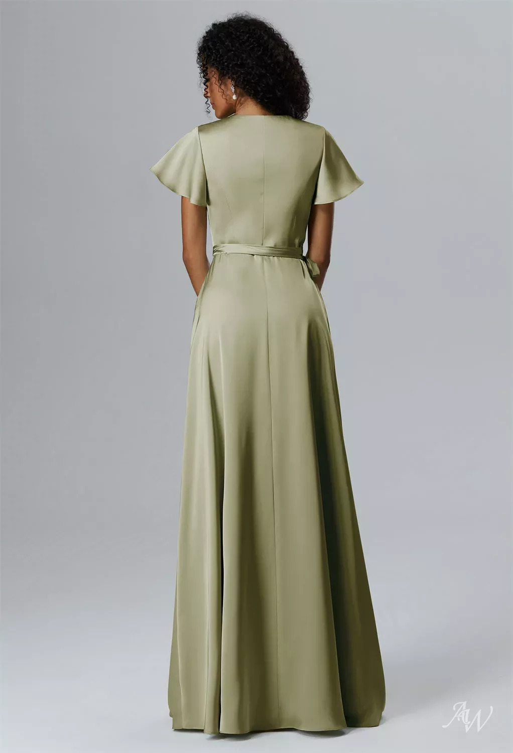 AW Roseanne Dress, Sage Green Crystal Satin Satin Charmeuse Stretch Satin  Floor Length V-Neck Bridesmaid Dresses | AW.Bridal