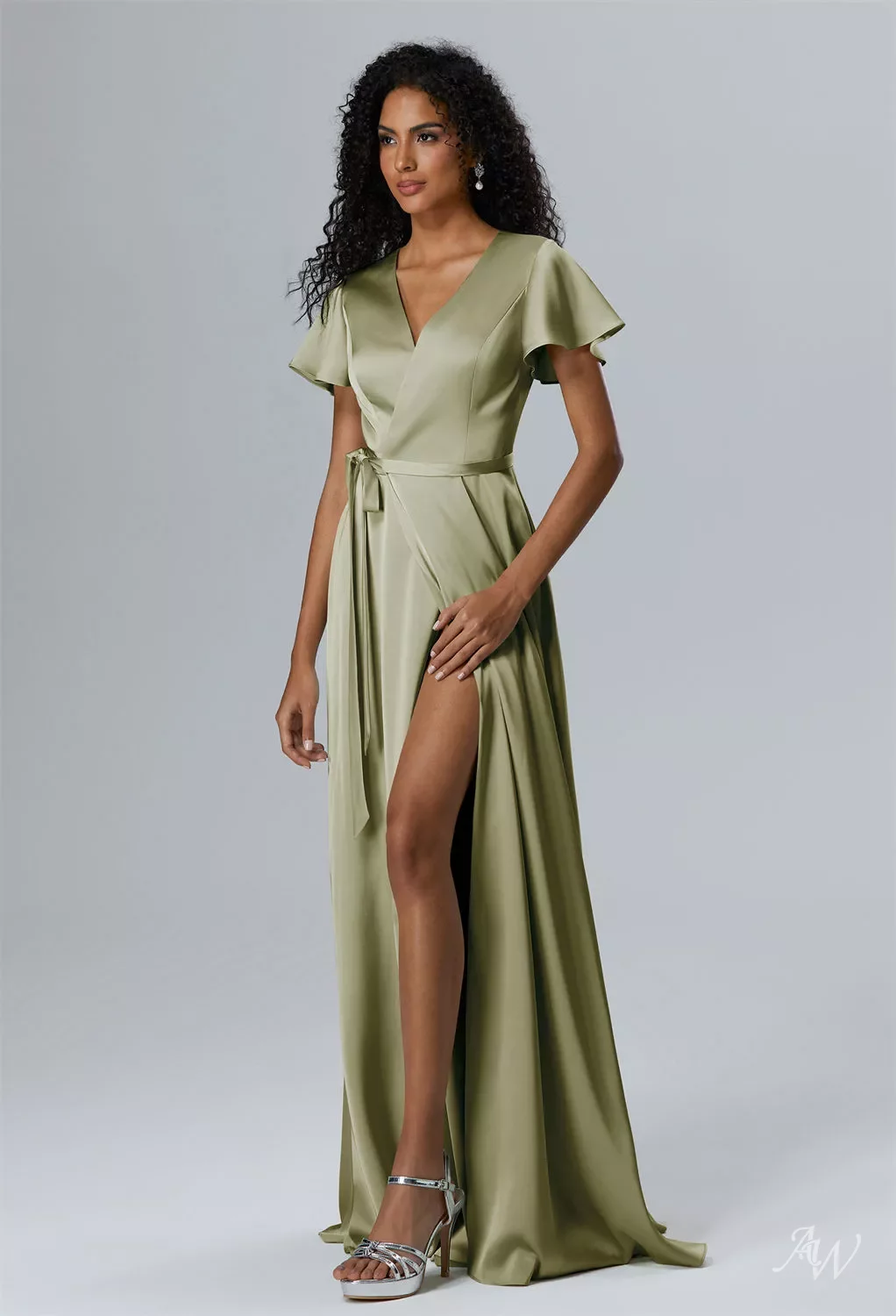 AW Roseanne Dress, Sage Green Crystal Satin Satin Charmeuse Stretch Satin  Floor Length V-Neck Bridesmaid Dresses | AW.Bridal