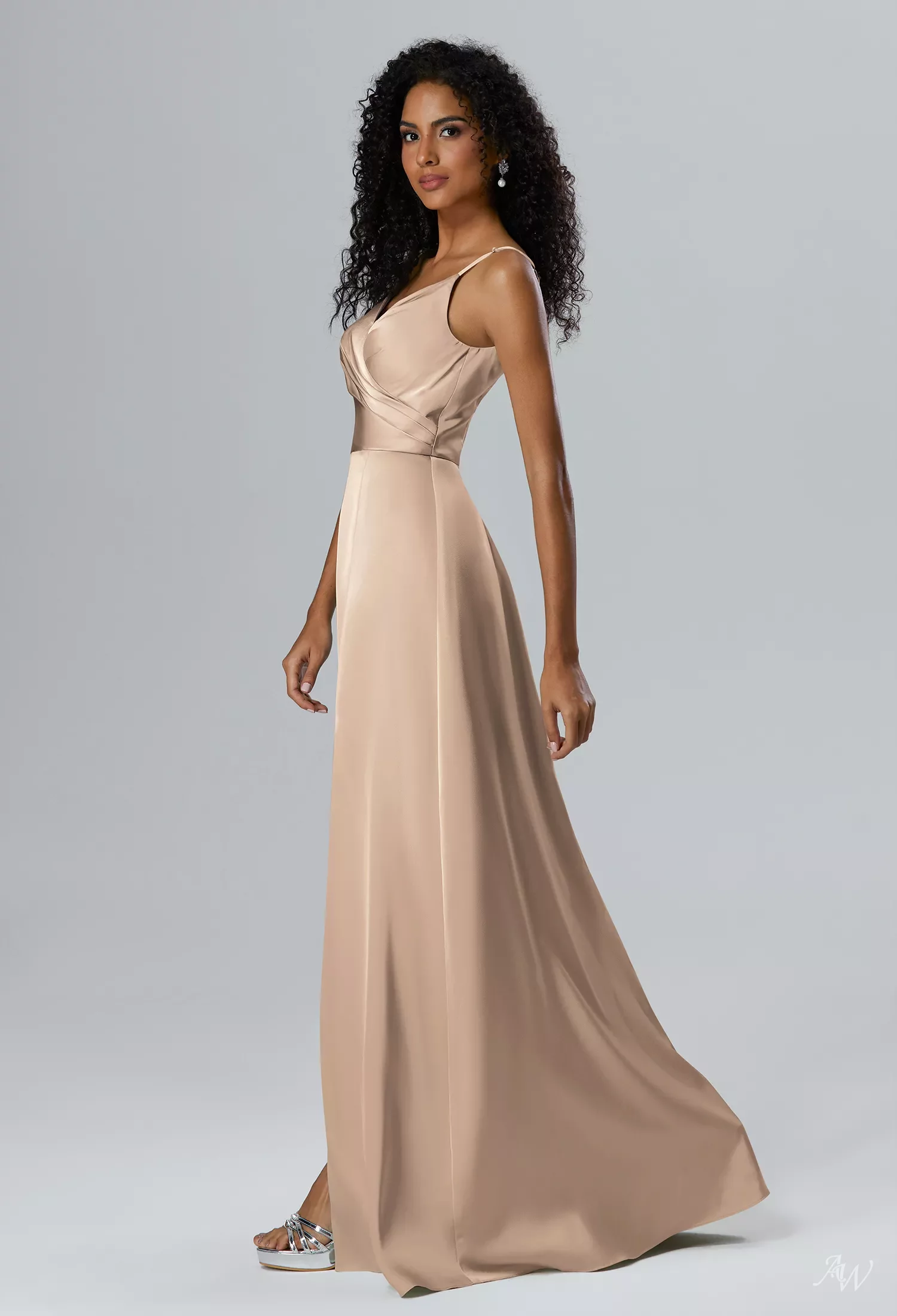 tan silk bridesmaid dresses Spaghetti Straps Backless Tea-Length Silk Elastic Satin Bridesmaid Dre –  Dairy Bridal main image 0