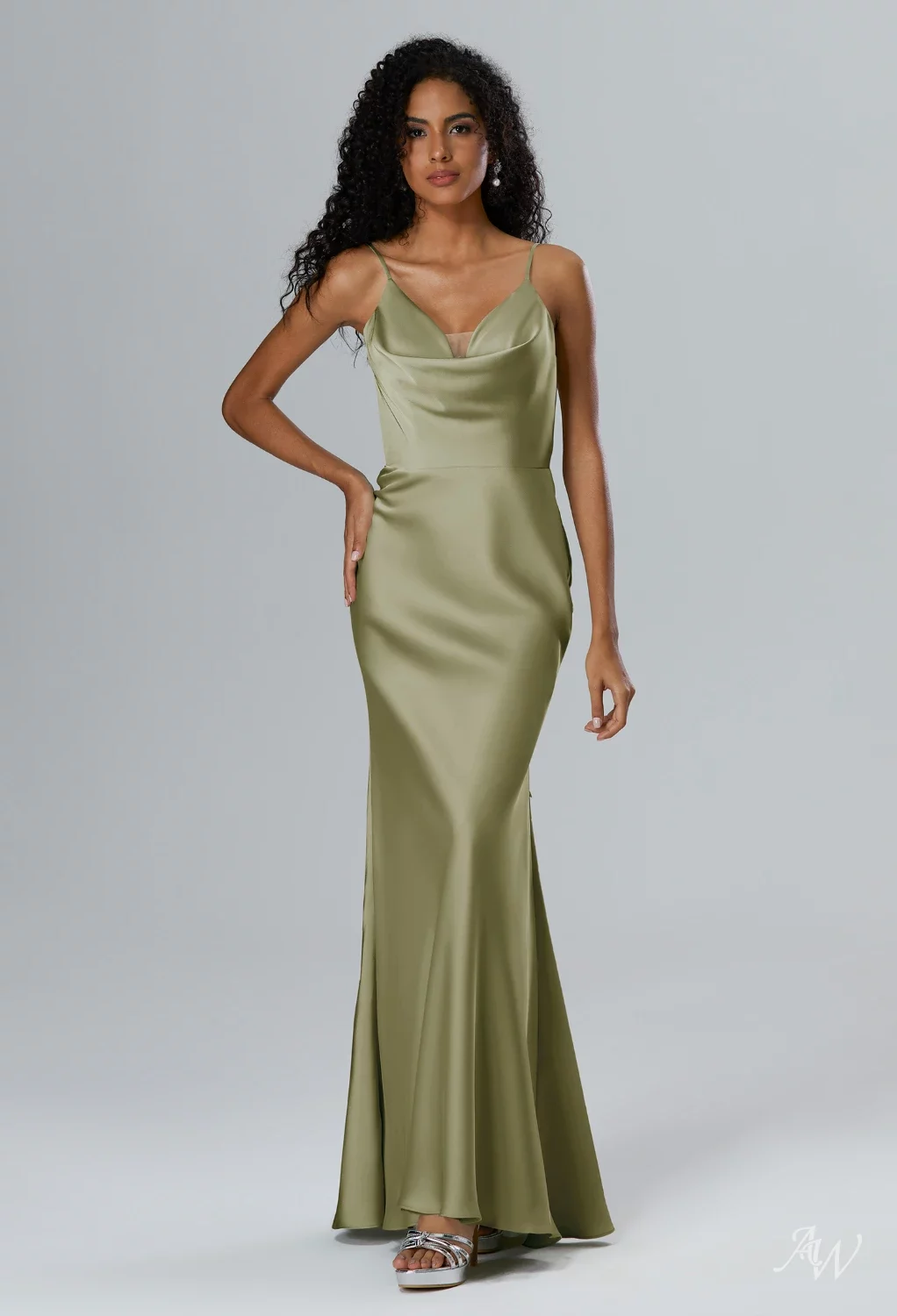 charmeuse cowl bridesmaid dress Silver Charmeuse Cowl Neck Thin Strap Sheath Long Bridesmaid Prom Dress main image 0